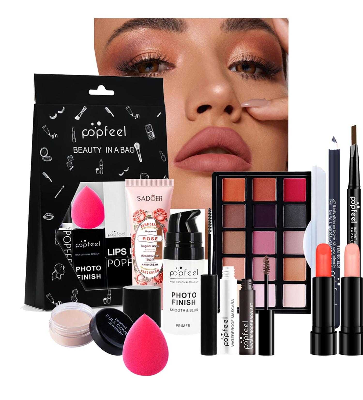 RoseFlower 12 Pcs Makeup Set with Gift Bag - Professional Cosmetic Kit with Primer, Eyeshadow Palette, Lipstick, Eyebrow Pencil, Hand Cream - Ideal for Girls Birthday & Xmas Gift - Buy Online on GoSupps.com