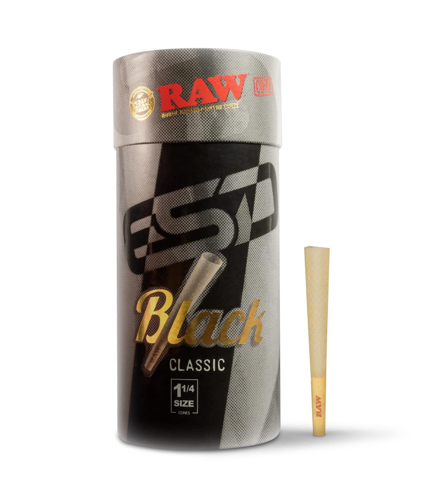 RAW Cones Classic Black 1-1/4 Size 100 Pack - Natural Pre Rolled Rolling Paper with Tips & Packing Tubes | Slow Burning & Thin | 100 Count - Buy Online on GoSupps.com