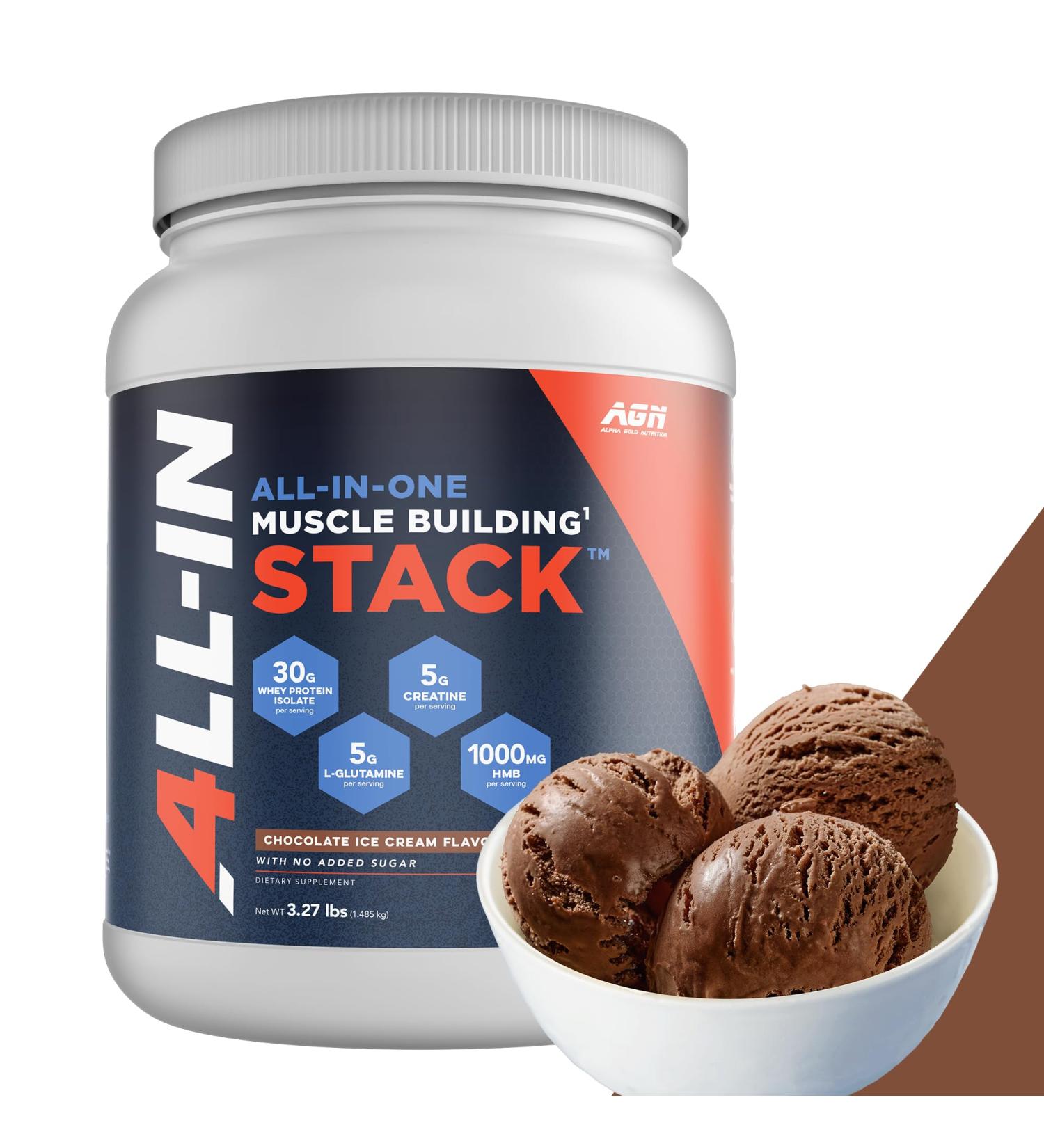 All-in-One Muscle Building Stack | Chocolate Whey Protein Isolate Creatine HMB & L-Glutamine 30 Servings No Artificial Ingredients Shop Internationally - Buy Online on GoSupps.com