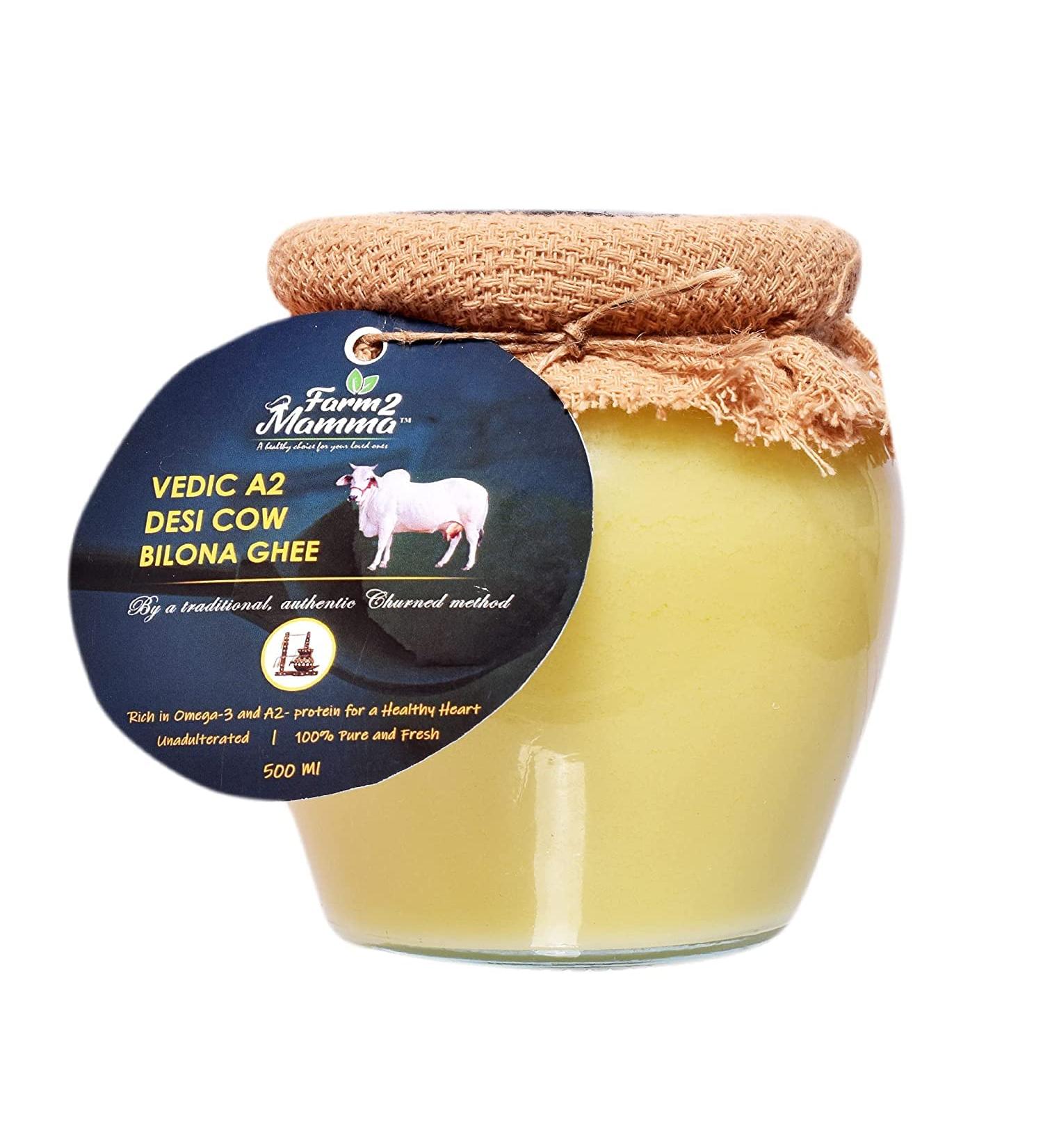 Farm2Mamma Vedic A2 Desi Kuh Bilona Ghee - Premium 500ml | Organic Pure & Traditional Ghee for Authentic Cooking - Buy Online on GoSupps.com