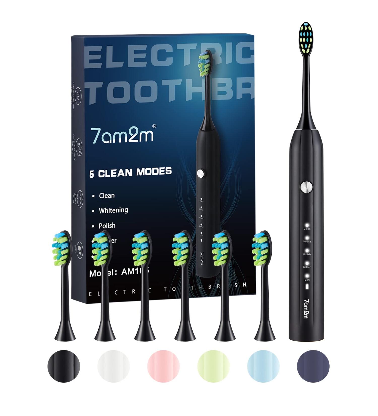 7AM2M Sonic Electric Toothbrush for Adults and Kids One Charge for 90 Days with 6 Brush Heads 5 Modes with 2 Minutes Build in Smart Timer Roman Column Handle Design (Black) Black No Travel Case - Buy Online on GoSupps.com