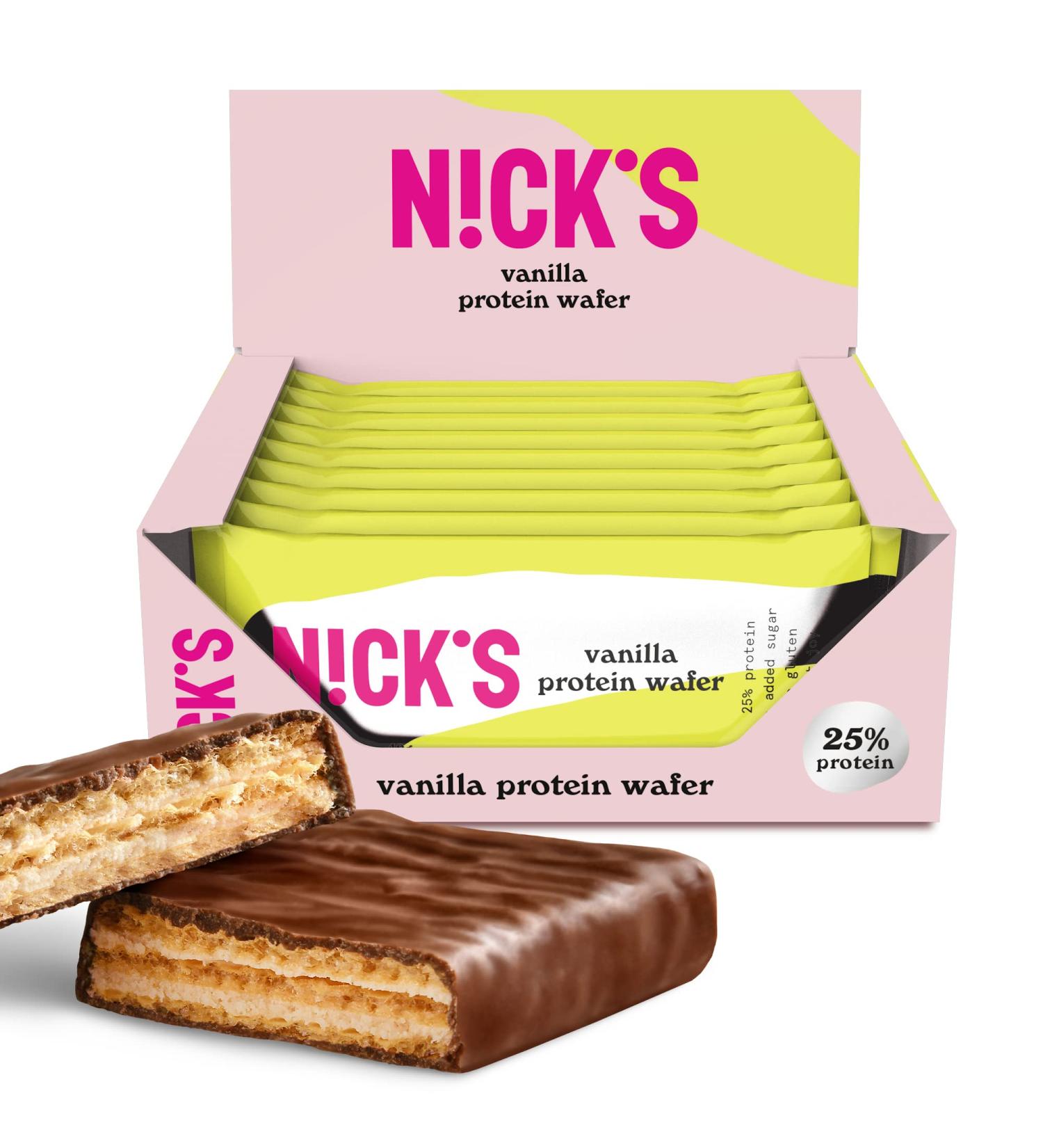 Nicks Protein Wafer Bar Vanilla | 25% Protein | Low Carb | Gluten-Free | 203 Calories | Sugar-Free Chocolate Snacks - 9 Pack (40g Each) - Buy Online on GoSupps.com
