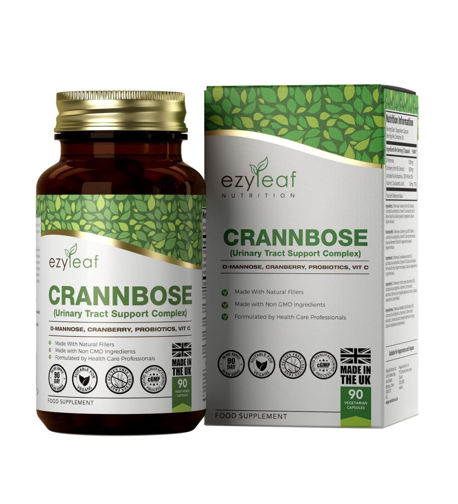 Ezyleaf D-Mannose Capsules with Probiotics & Cranberry Extract | 90 Capsules, 500mg | Vegan & Allergen-Free - Buy Online on GoSupps.com