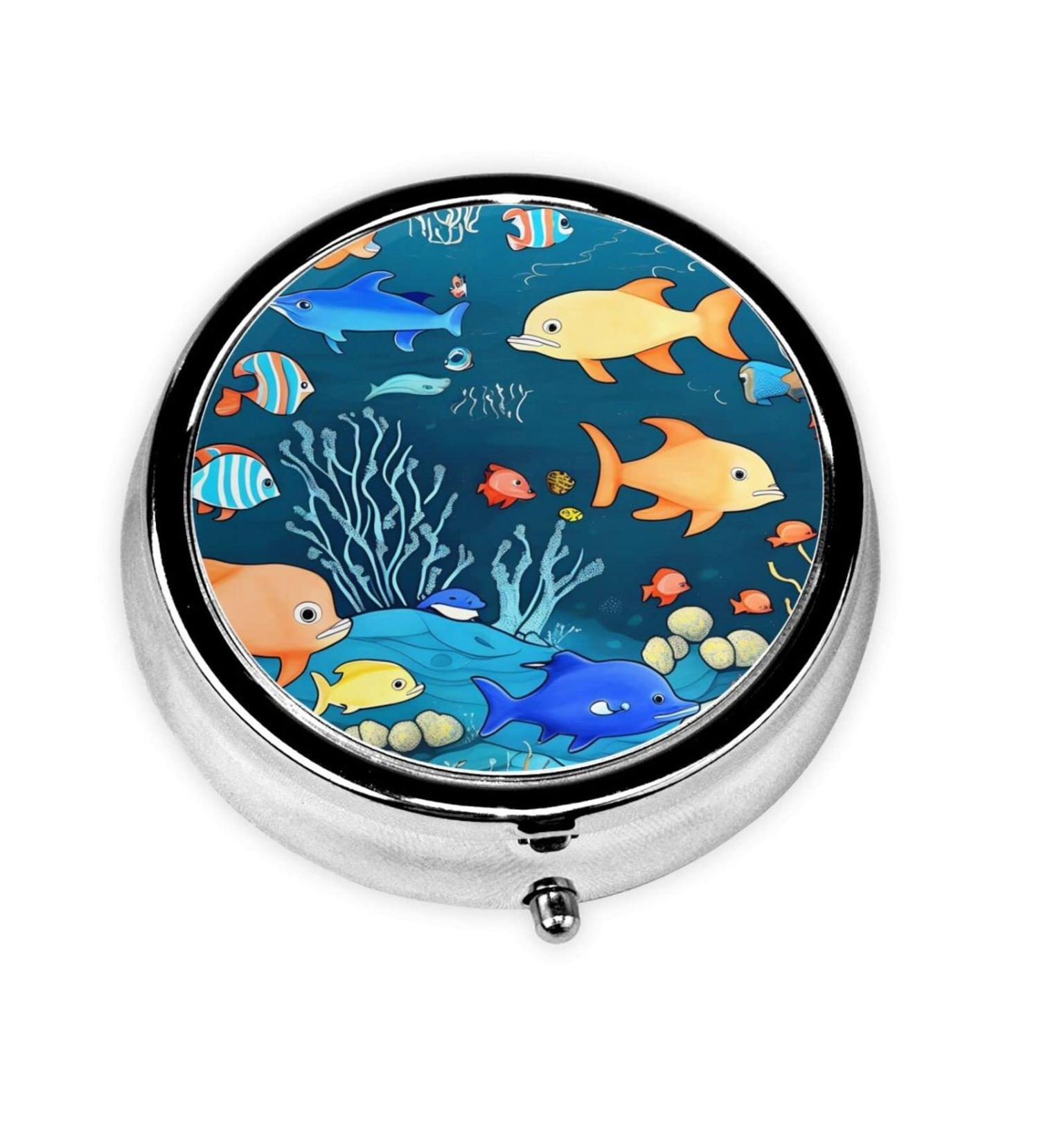 Blue Underwater Fish Round Pill Box - 3 Compartment Travel Organizer | Portable Pill Container for International Shipping - Buy Online on GoSupps.com