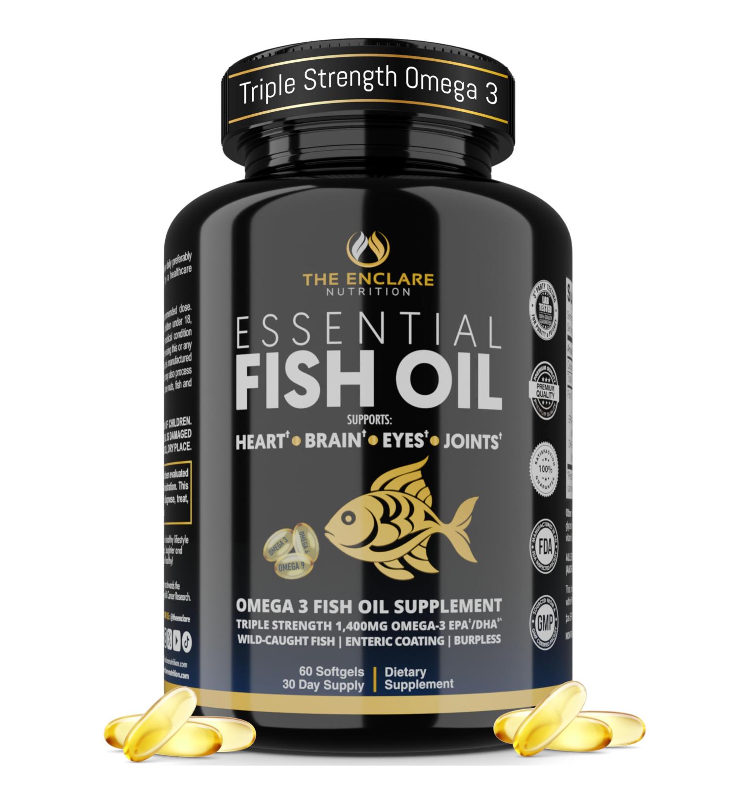 Fish Oil Supplement Omega 3 for Women & Men Triple Strength 1 400mg Omega-3 EPA/DHA - Burpless Wild-Caught Omegas 3-6-9 for Heart Brain Eye & Joint Support 60 Softgels