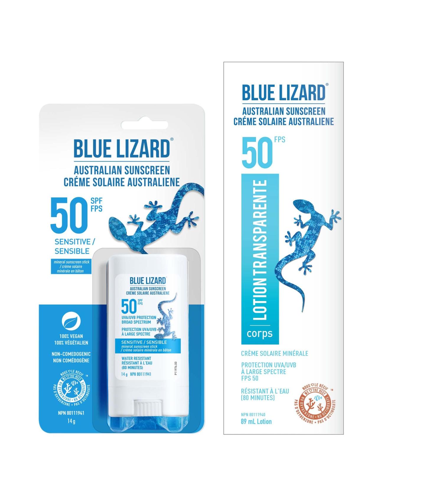 BLUE LIZARD SPF 50 Duo Pack Featuring Sheer Mineral Sunscreen Non-Greasy Sunscreen Lotion and a Travel-Size Fragrance-Free Vegan Sunscreen Stick for Sensitive Skin 2 Count 89ml Tube 14g Stick - Buy Online on GoSupps.com