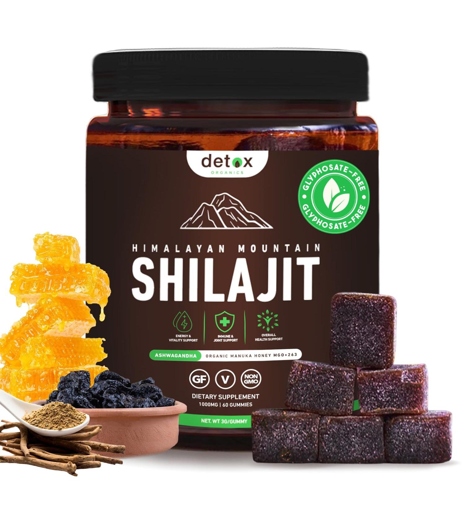 Detox Organics Shilajit Gummies - Authentic Shilajit Blend with Himalayan Ashwagandha & Sweetened Organic Manuka Honey - Crafted for Vitality & Immune Support - Glyphosate-Free - 60 Count - Buy Online on GoSupps.com