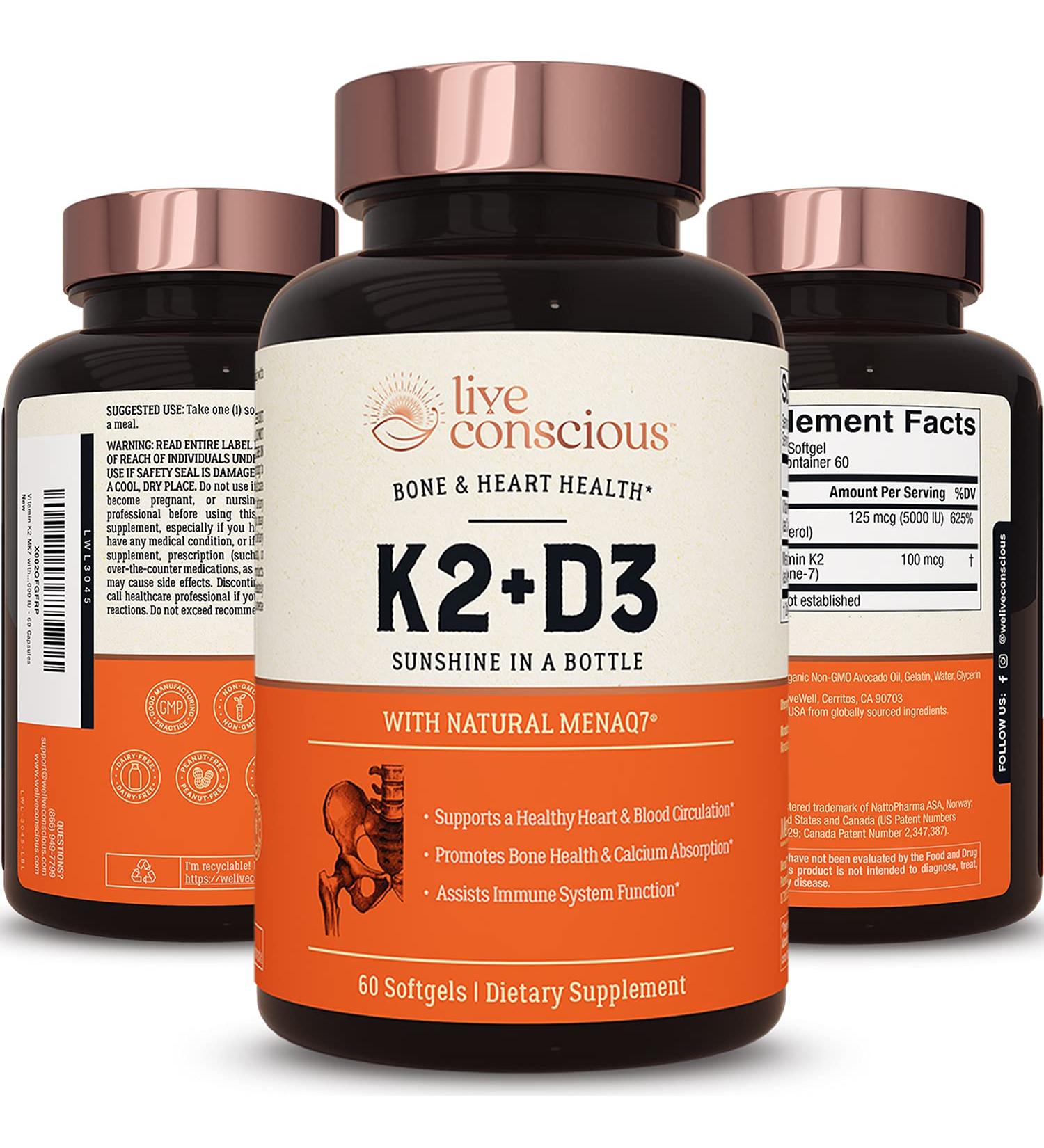 Live Conscious K2+D3 - 60 Softgels for Bone & Heart Health Support - Buy Online on GoSupps.com