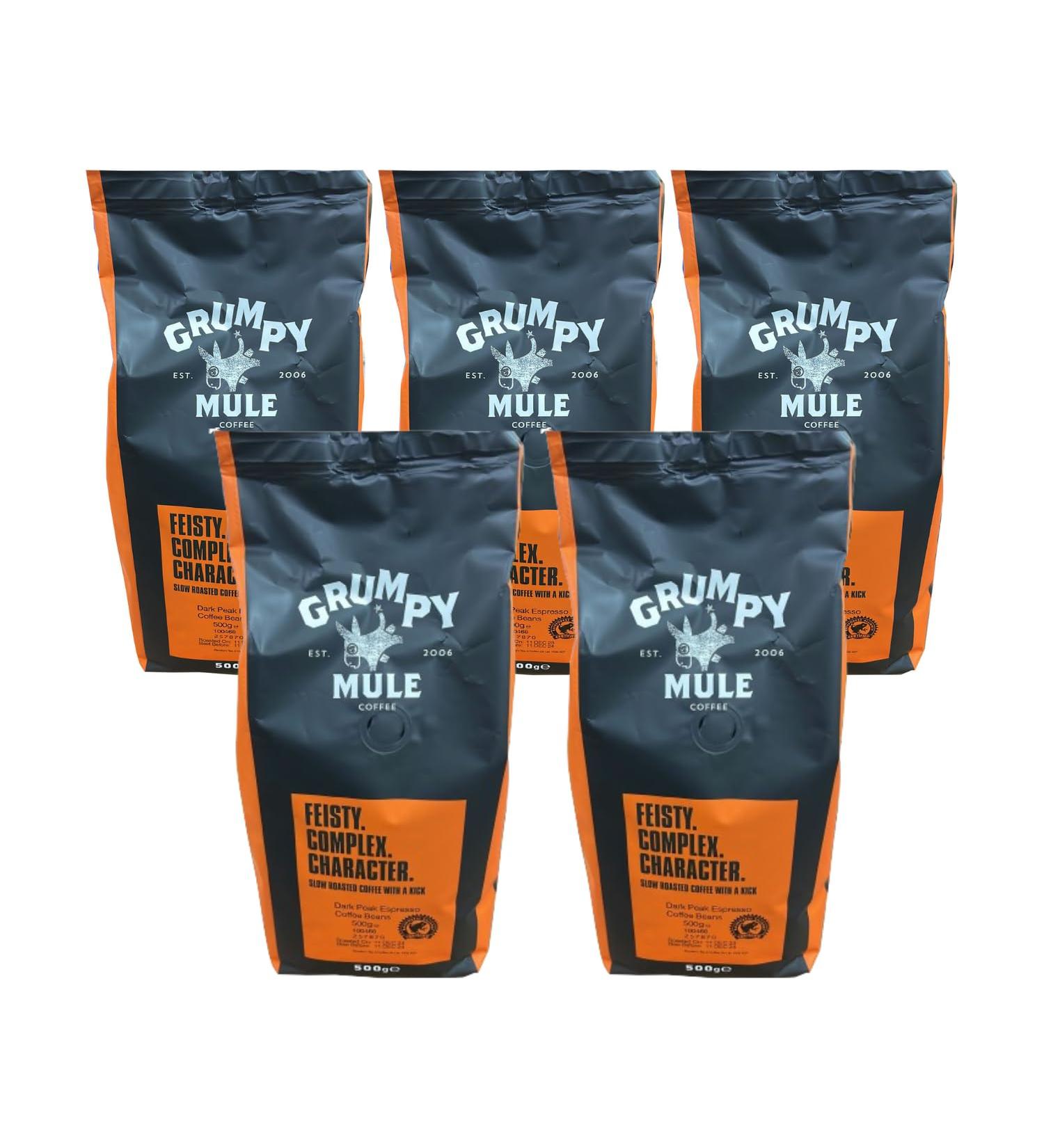 Grumpy Mule Dark Peak Espresso Coffee Beans | Strong Intense Flavor Refreshing & Delicious | Easy to Brew | Full-Bold Flavoured Vibrant | Anytime Anywhere - Pack of 5 X 500g Dark Peak Espresso 500 g (Pack of 5) - Buy Online on GoSupps.com