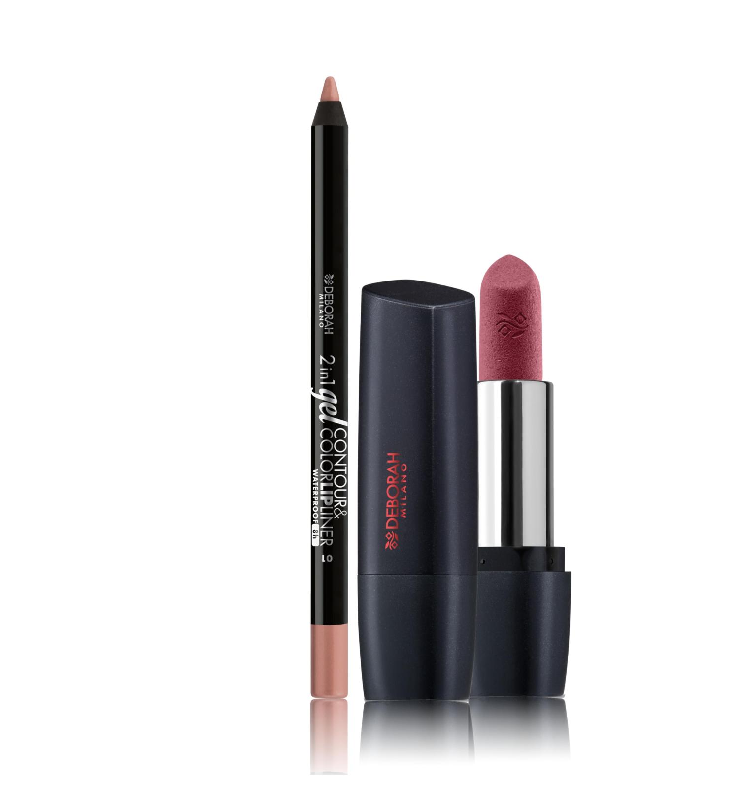  DEBORAH Deborah Milano - Matte red lipstick makeup set with collagen and hyaluronic acid 17 first kisses 4.5g and 2-in-1 gel lip pencil Contour & Colour 01 nude roses high - Buy Online on GoSupps.com