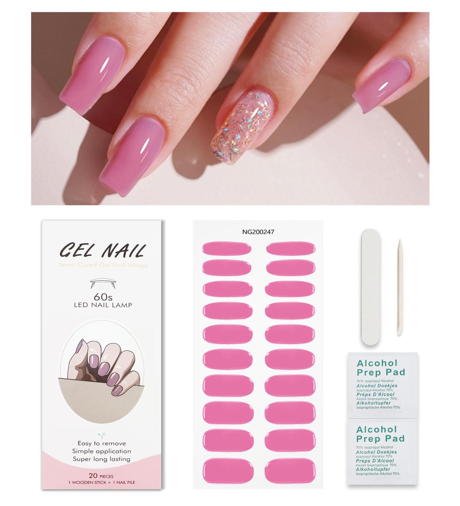 Bright Pink Gel Nail Strips KALEFUL Semi Cured Gel Nail Stickers Nail Art Decoration Design Supplies - Buy Online on GoSupps.com