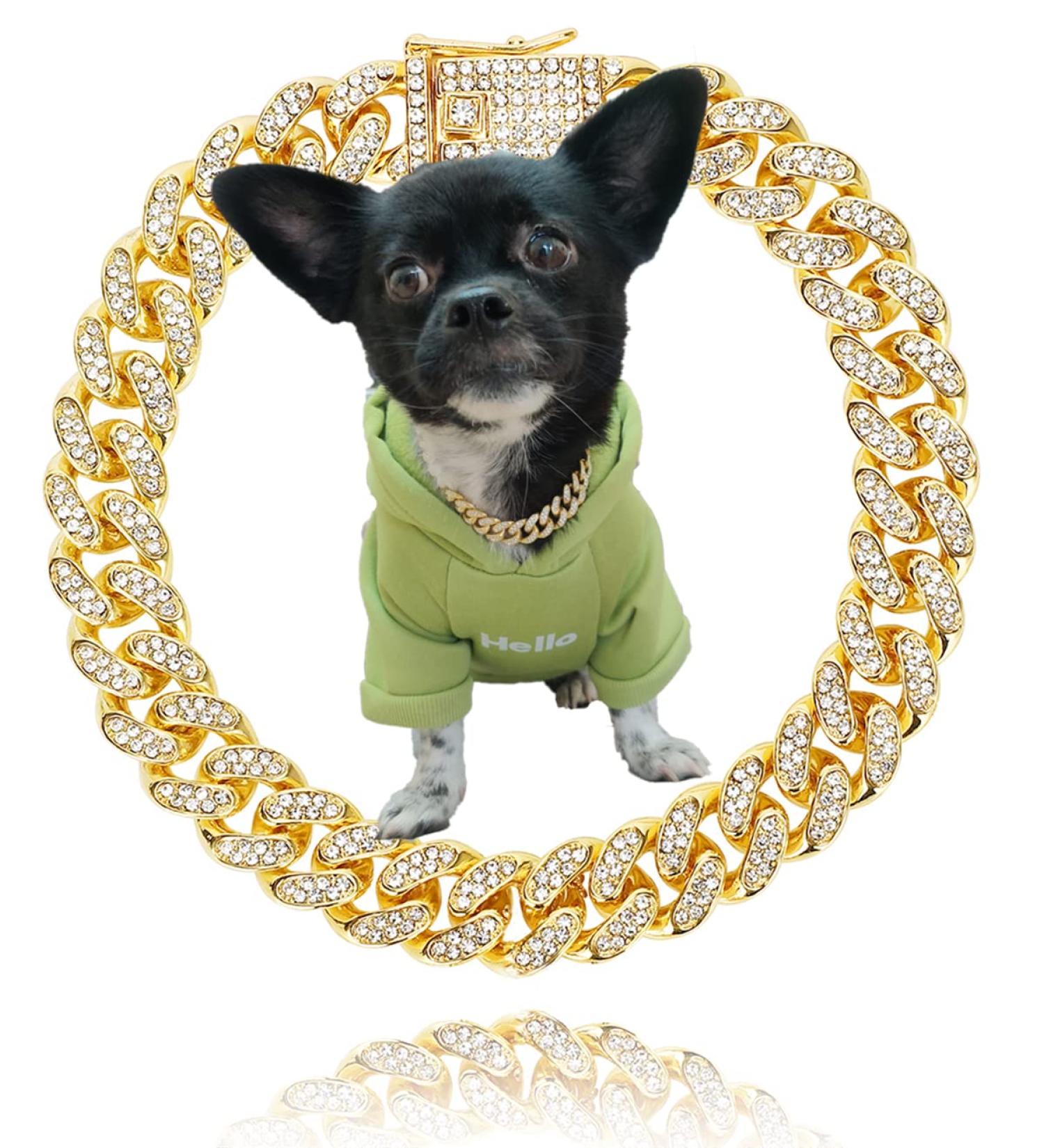 Gold Dog Collar puppy Zircon 14mm Cuban Link Chain 16" Handmade Iced out Diamond Exaggerated Clasp Full Cz Prong Set Pet Jewelry - Buy Online on GoSupps.com