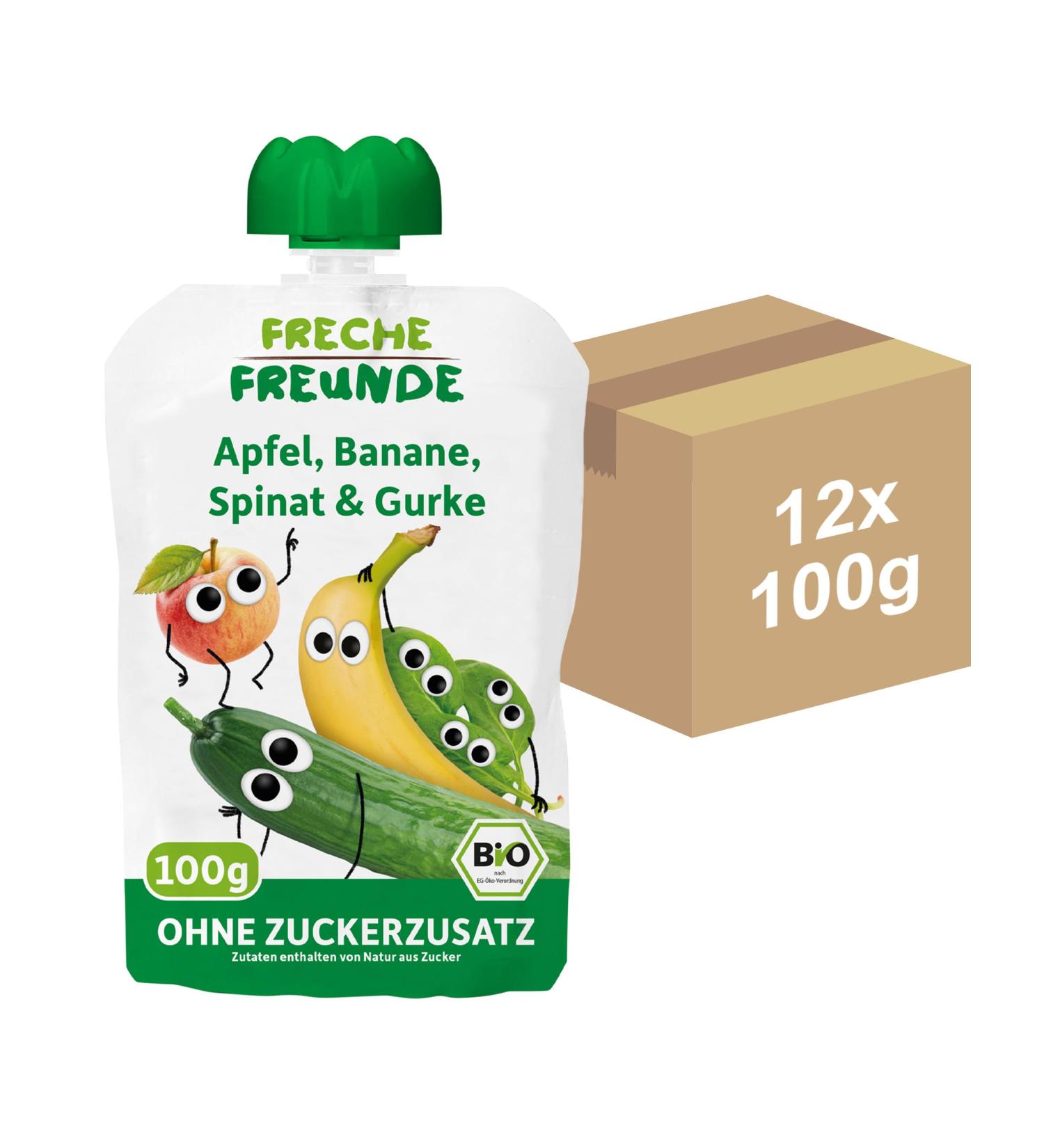 Cheeky Friends Bio Quetschie: Apple Banana Spinach & Cucumber Fruit Puree - Vegan Gluten-Free Squeezing Bag for Babies 6+ Months - 12 Pack (100g each) - Buy Online on GoSupps.com