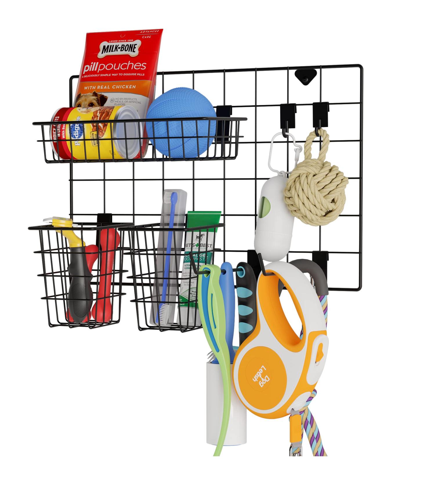 Wall35 Pluto Pet Supplies Organizer - Wall Mount Wire Basket with Hooks for Dog Leash and Cat Collars - Black Metal - Buy Online on GoSupps.com