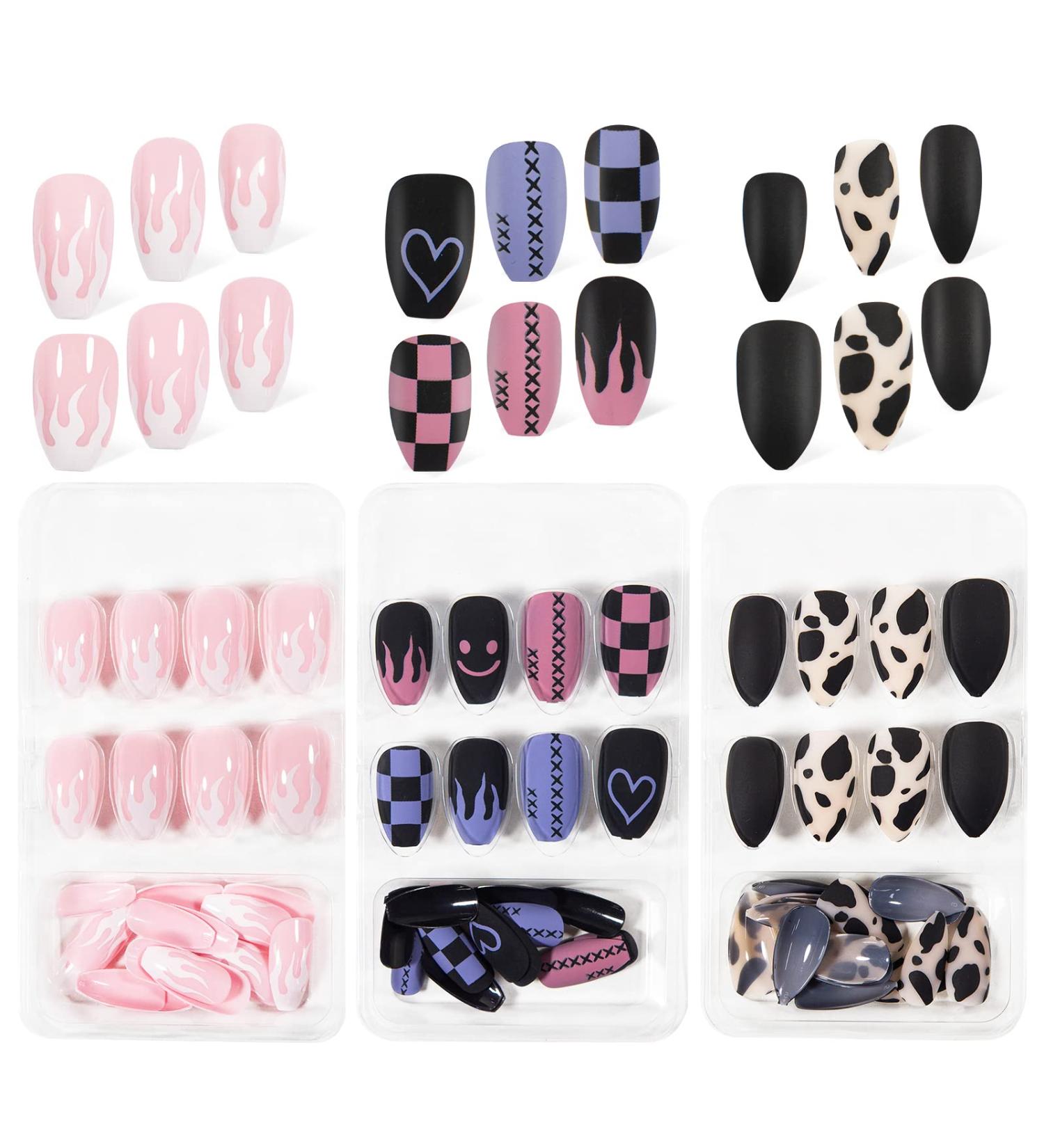 72 Short Coffin False Nails Set - Full Cover Press On Tips in Pink, Green, and Black - Acrylic Stick On Short Nails for Women and Girls - Buy Online on GoSupps.com