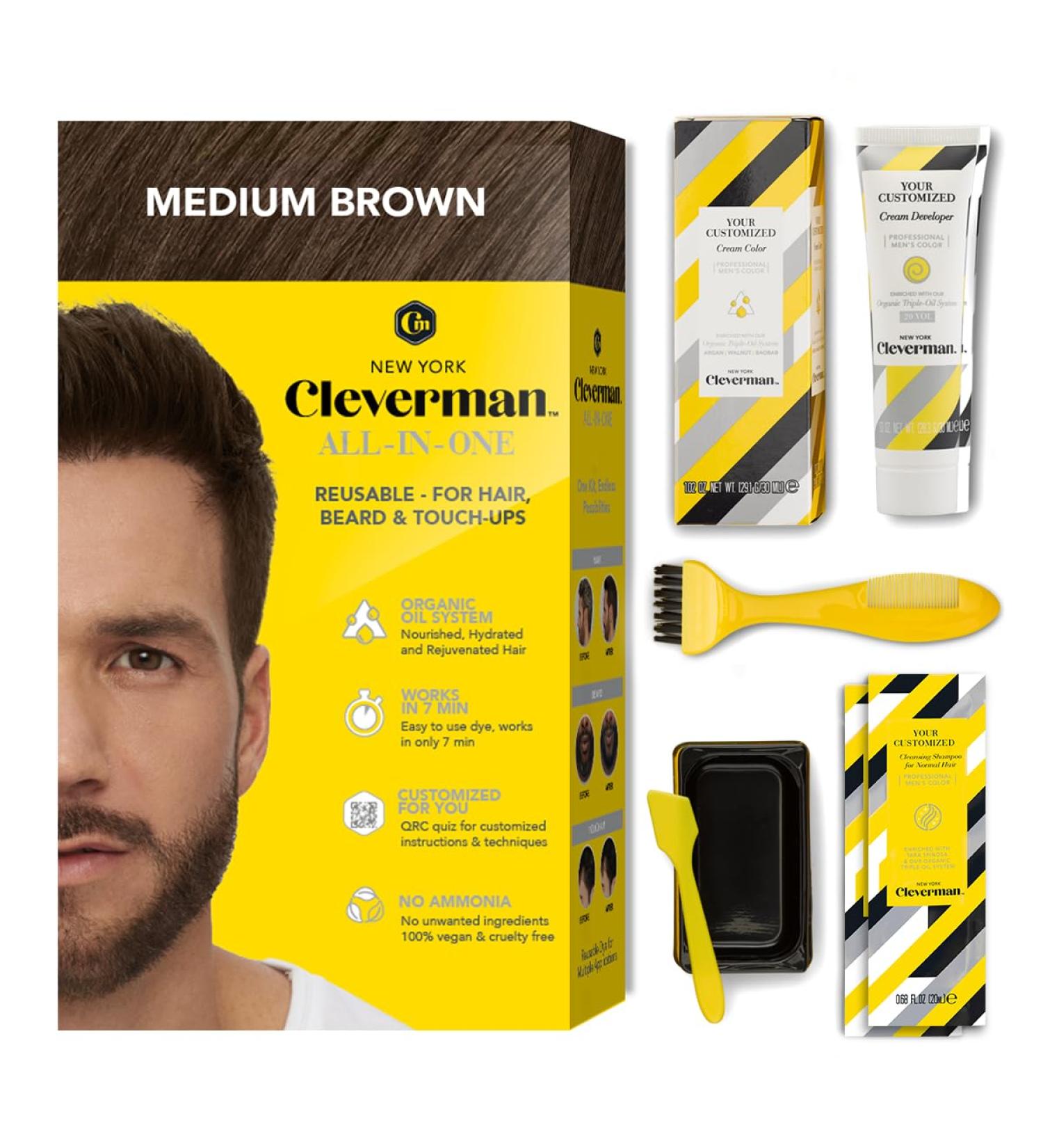 Cleverman Medium Brown All-in-One Hair & Beard Dye Kit - Ammonia-Free Natural Gray Coverage for Men - Professional Quality Ships Worldwide - Buy Online on GoSupps.com