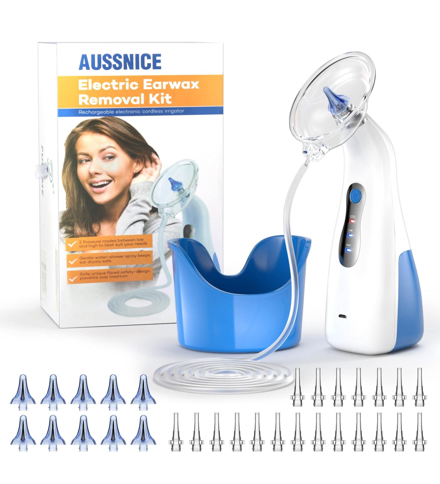 AUSSNICE Electric Ear Wax Removal Kit - Rechargeable Ear Cleaner for Adults & Kids - Ear Irrigation System with Reusable Tips - Buy Online on GoSupps.com