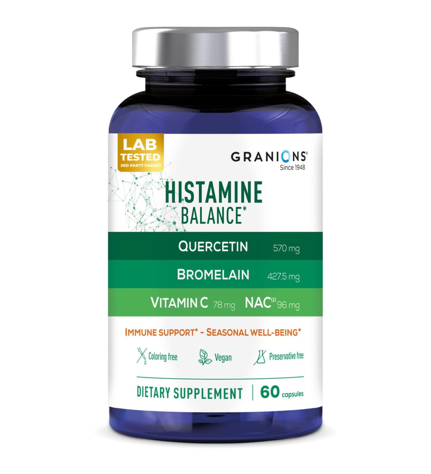 Granions Histamine Balance Complex - Quercetin with Bromelain NAC and Vitamin C - D-Hist Seasonal Histamine Blocker & Immune Support Supplement for Adults and Children - 60 Vegan Capsules Unflavored 60 Count (Pack of 1) - Buy Online on GoSupps.com