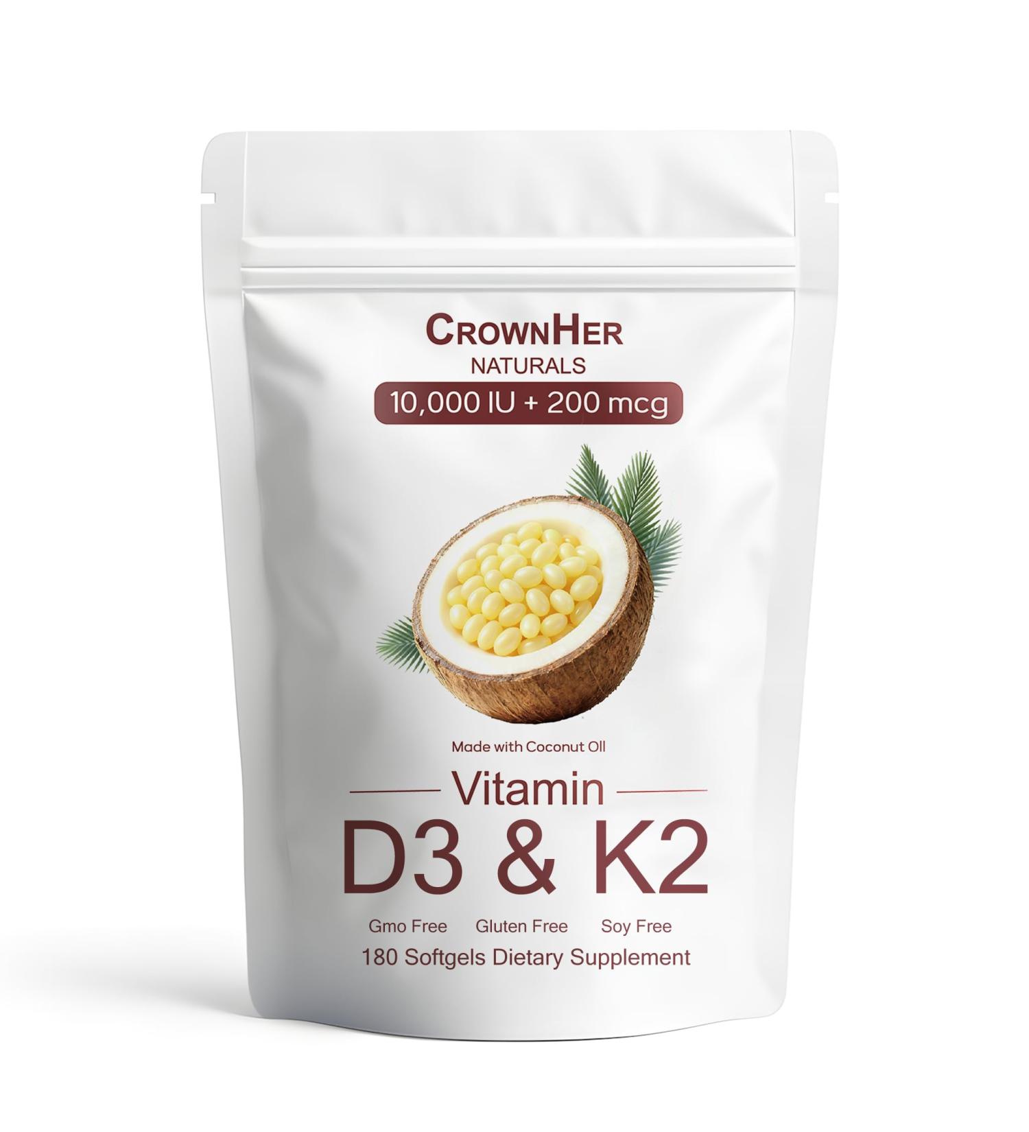 GROHESE CrownHer Naturals D3 K2 Crown Her Naturals D3 K2 Vitamin 10000 IU+ K2 200 mcg MK-7 Coconut Oil Extra Strength Bone & Immune Support 180 Softgels - Buy Online on GoSupps.com