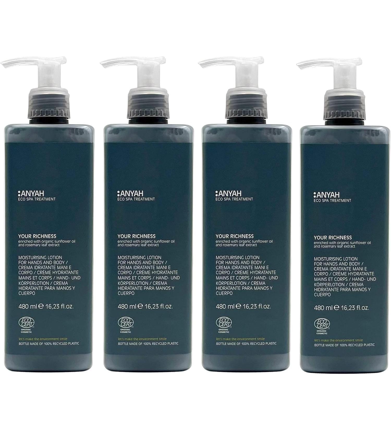 Anyah Hand & Body Lotion Set - 4x480ml Refillable Moisture Cream with Organic Seed Oil & Rosemary Extract - Dermatologically Tested - Made in Italy - Buy Online on GoSupps.com