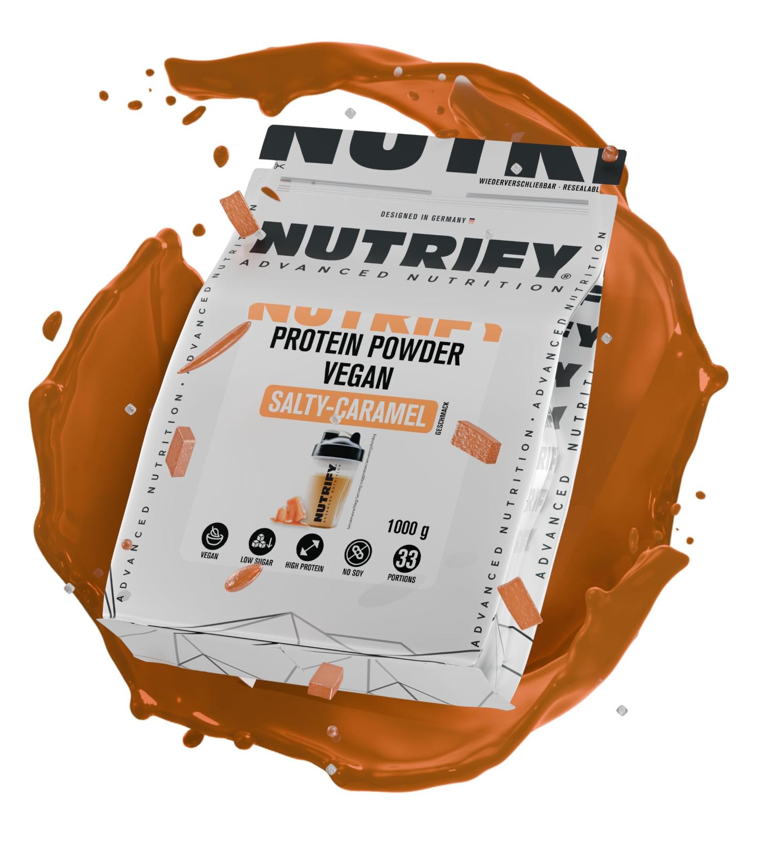  Nutrify NUTRIFY Vegan Protein Powder Salty Caramel 23g of protein vegan protein powder made from rice peas and yeast muscle building and dietetic creamy and soluble  - Buy Online on GoSupps.com