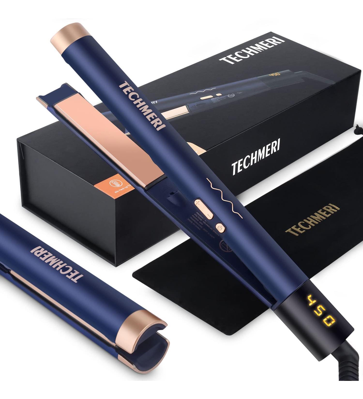 TECHMERI 2-in-1 Ceramic Hair Straightener and Curler - 1 Inch Digital Flat Iron - Dual Voltage - Blue - Buy Online on GoSupps.com