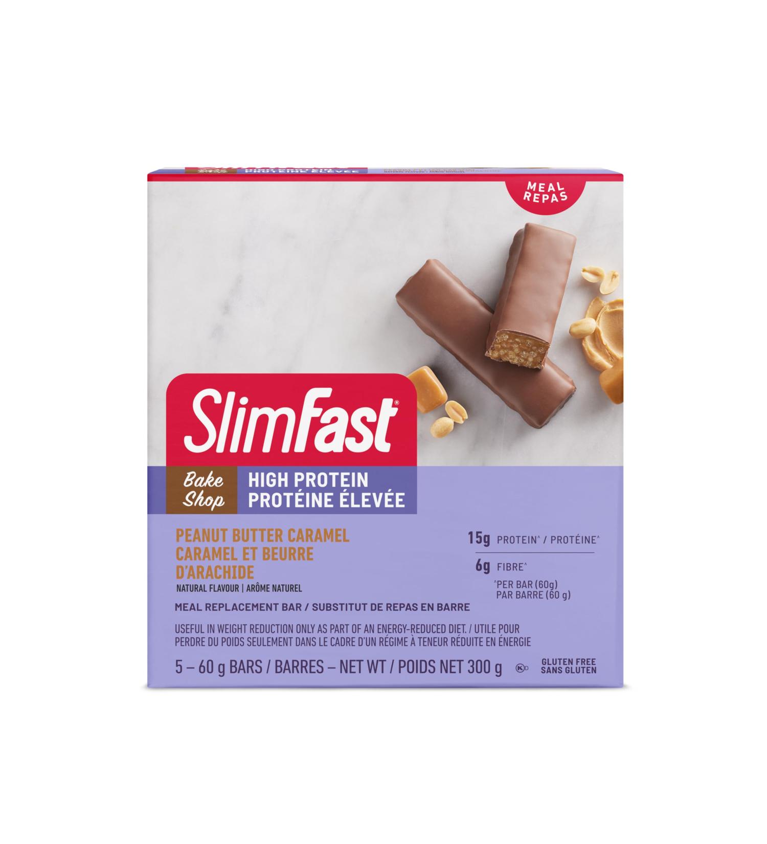 Case of 12 Boxes of Slimfast Bake Shop Meal Replacement Bars with 15g of Protein & 5g Fiber 5 - 60g Bars per Box and 12 Boxes per case 60 Bars Total Peanut Butter Caramel Bar - Buy Online on GoSupps.com