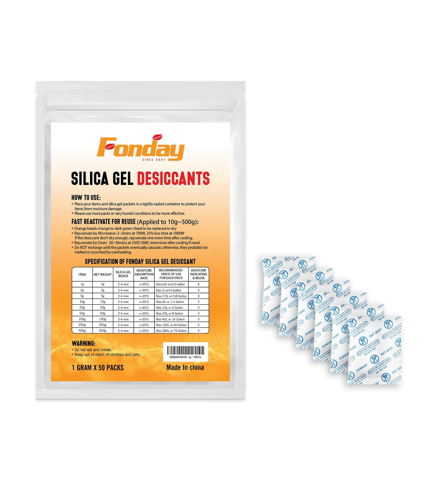 Fonday Food Grade Silica Gel Pack Desiccant - 1 Gram 50 Packets Moisture Absorber & Dehumidifier - Buy Online on GoSupps.com