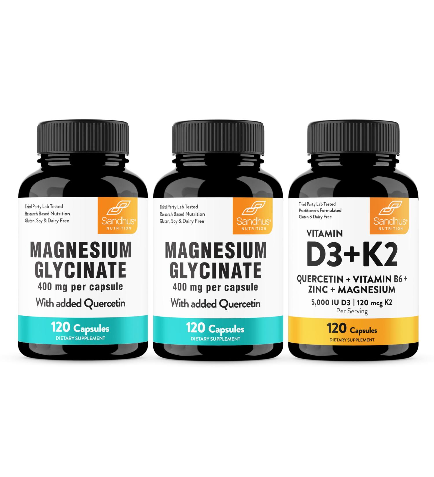Sandhu's Magnesium Glycinate & Vitamin D3 K2 with Quercetin Capsules | Supports Quality Sleep Relaxation Immune Muscle Health & Energy - Buy Online on GoSupps.com