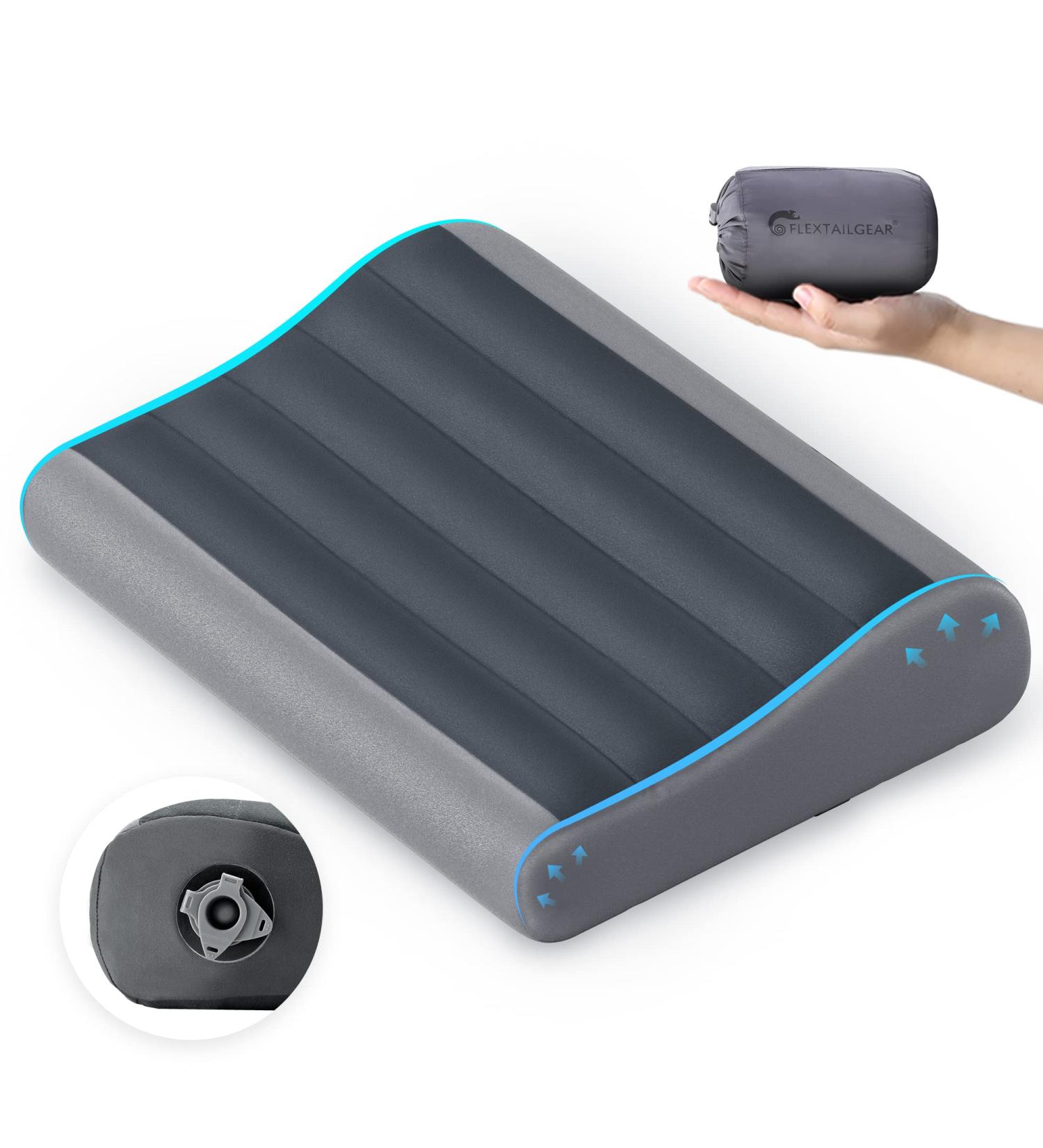 FLEXTAILGEAR Inflatable Camping Pillow with Removable Cover - Ergonomic Travel Pillow for Neck Contour - Perfect for Backpacking, Camping, Hiking, and Travel - Grey - Buy Online on GoSupps.com