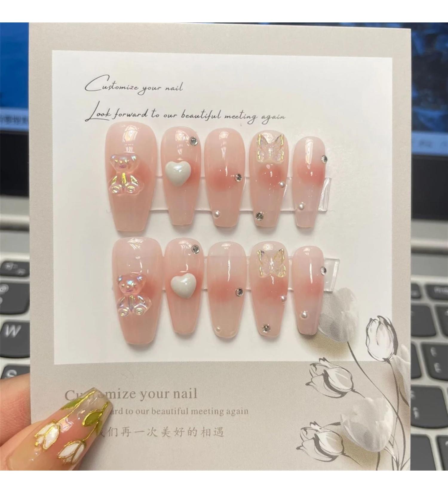 Nails Nail Tips Nails Set Handmade Nails Press On 3D Bear Aurora Diamond Pearl Decor Luxury Long Coffin Wearable Full Cover Nail Tips(348 S) - Buy Online on GoSupps.com