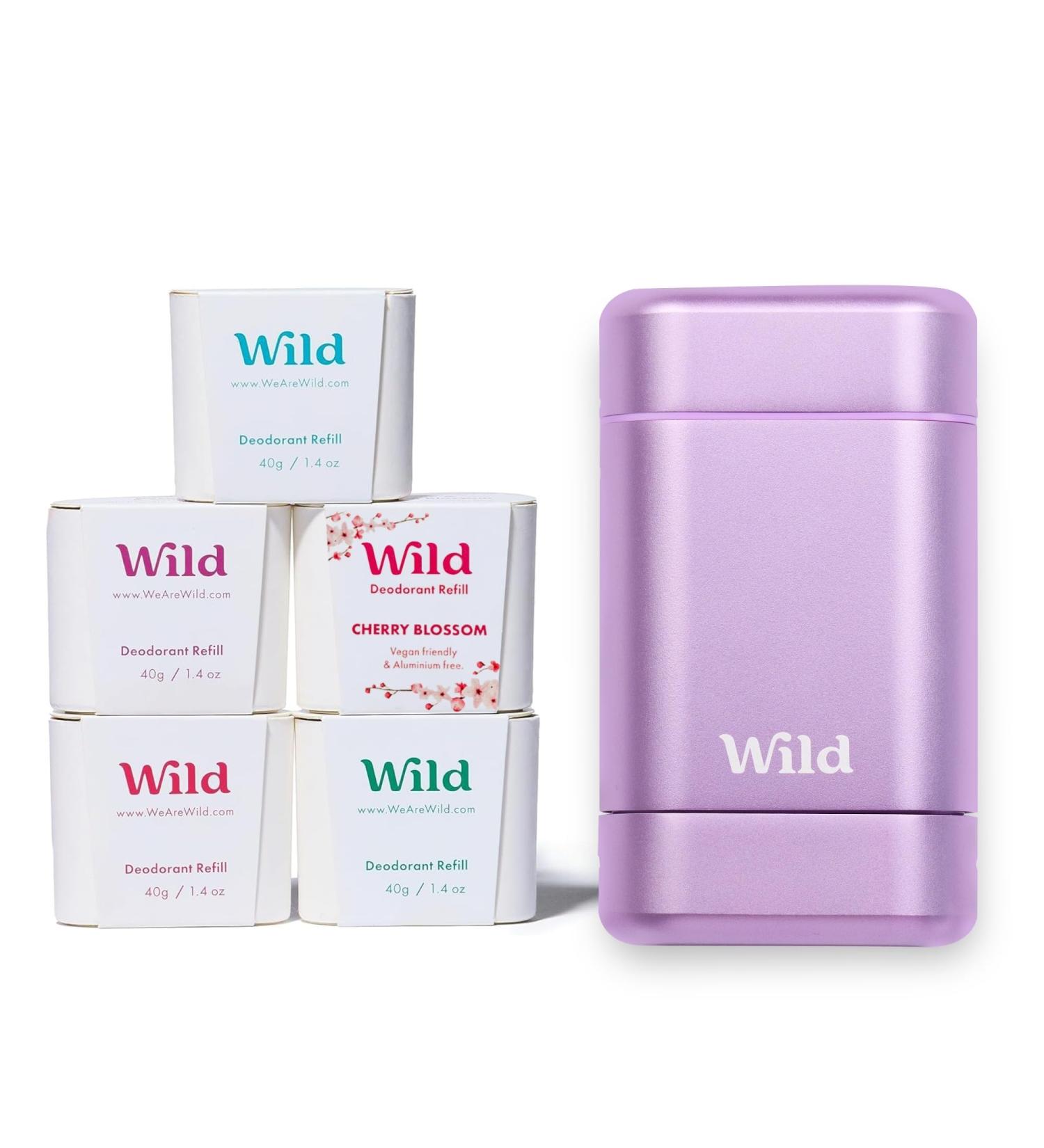 Wild - Refillable Natural Deodorant - Purple Case with Refill Variety Pack - Includes Cotton & Sea Salt Cherry Blossom Coconut & Vanilla Mint & Aloe Vera Pomegranate & Pink Peppercorn - Buy Online on GoSupps.com