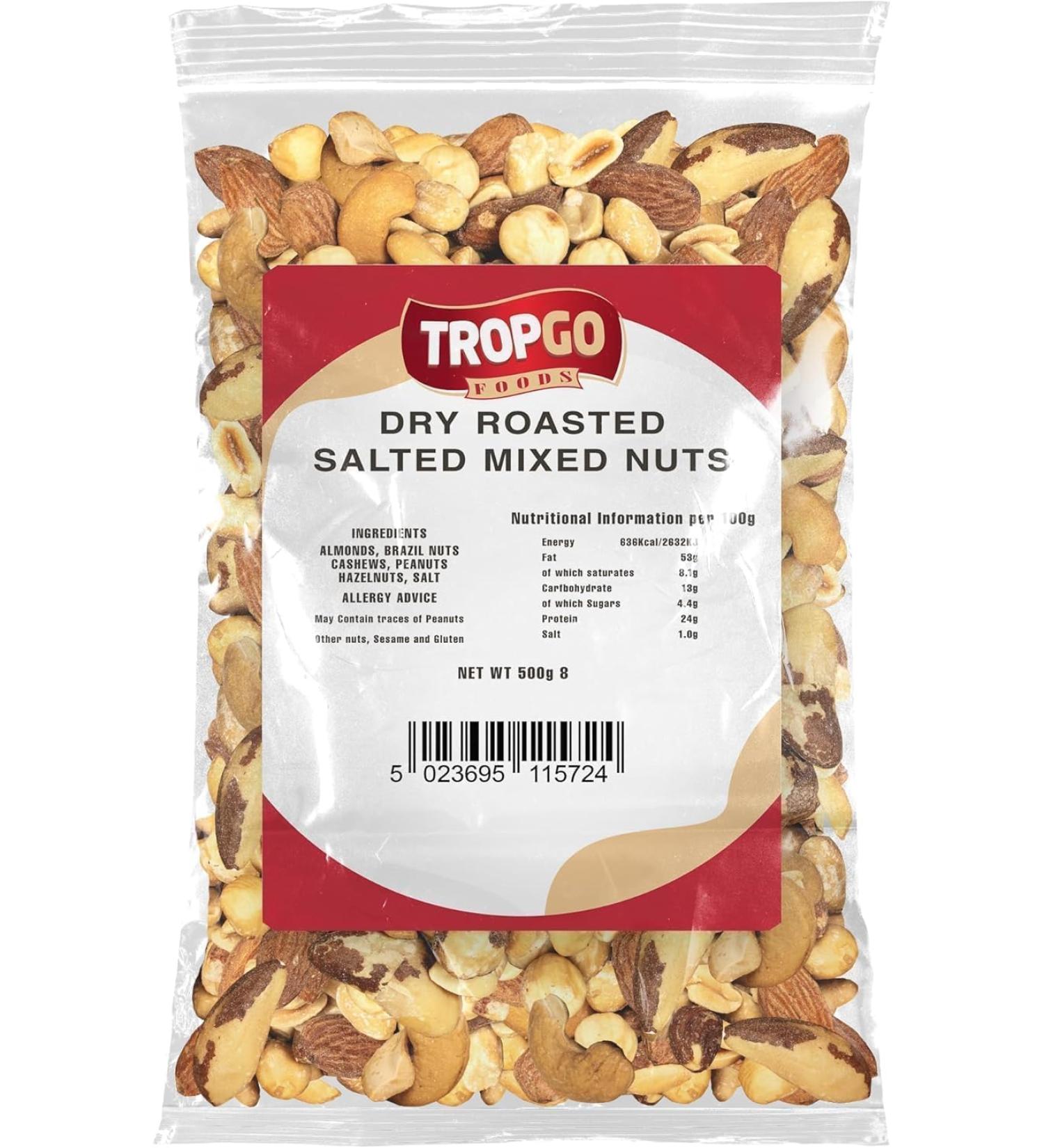 Tropgo Nut Mix Roasted 500g Salted Nut Mix Freshly Packed Healthy Nuts with Fiber Protein Minerals Perfect Snack Contains Almonds Brazil Nuts Cashew Nuts Peanuts Hazelnuts - Buy Online on GoSupps.com