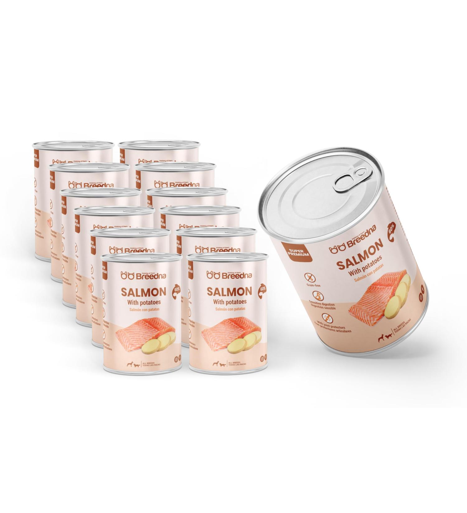 BREEDNA - Salmon and Potato Wet Food Pack | 60% Salmon Meat | for Young and Adult Dogs of All Breeds | Hypoallergenic Grain-Free Food (400 GR 12 Pack) - Buy Online on GoSupps.com