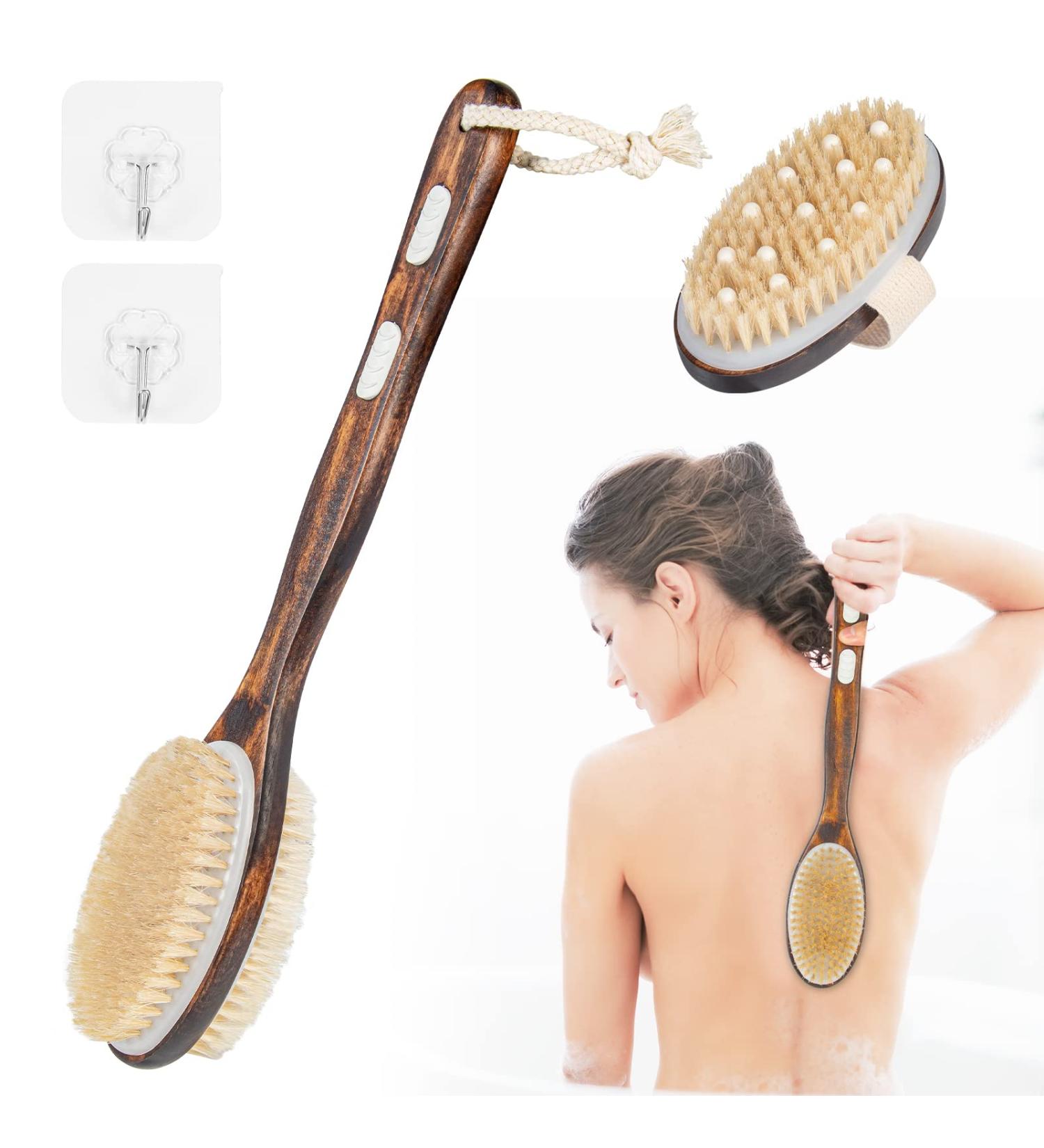 Gentle Dry Body Brush for Cellulite Removal & Soft Skin | Improve Blood Circulation | Set of 2 Brushes with Wall Hooks - Buy Online on GoSupps.com