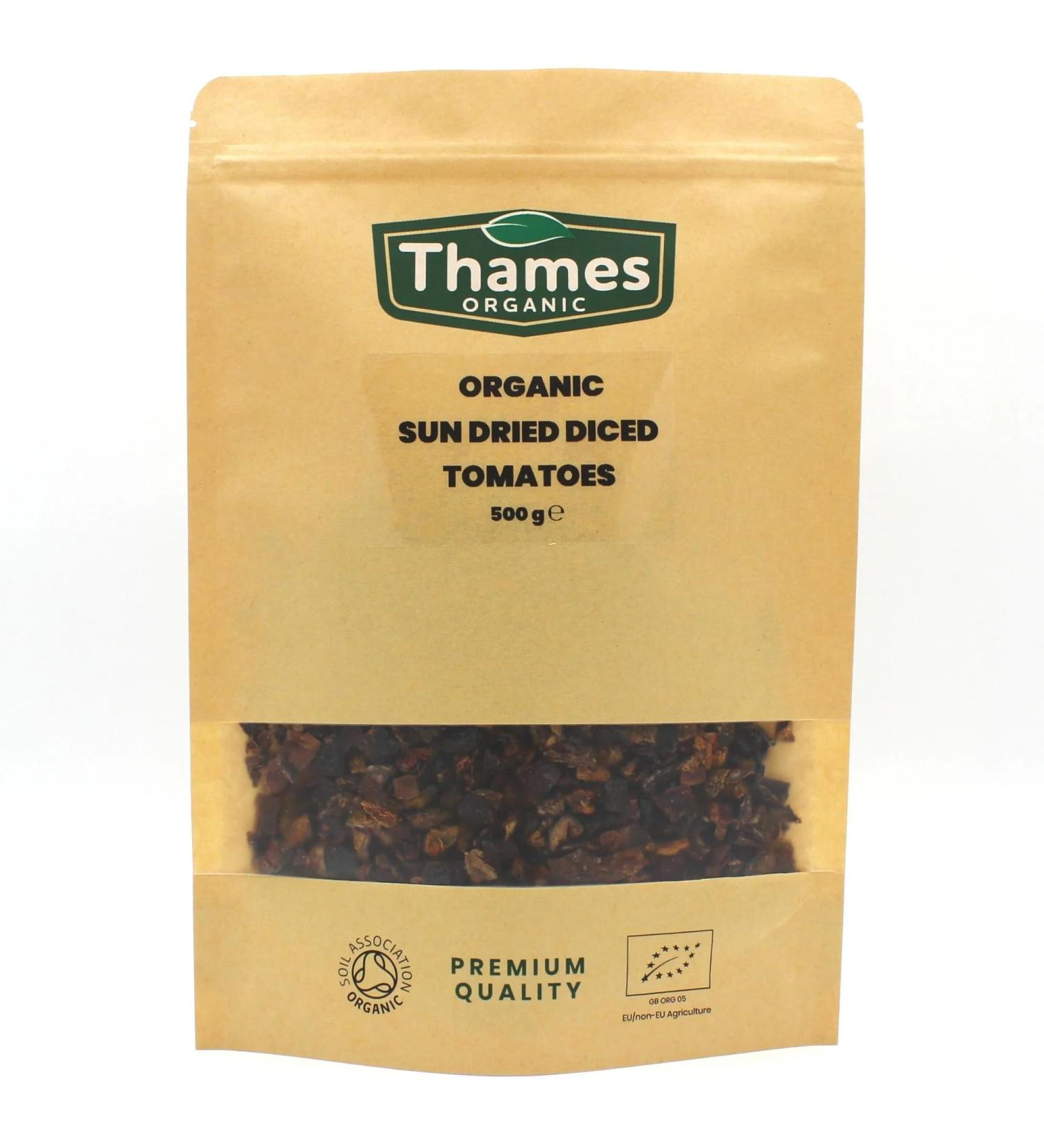 Organic Sun Dried Diced Tomatoes Halves (Salted)-Certified Organic Non-GMO Vegan No Additives No Preservatives Resealable Bag by Thames Organic 500g - Buy Online on GoSupps.com