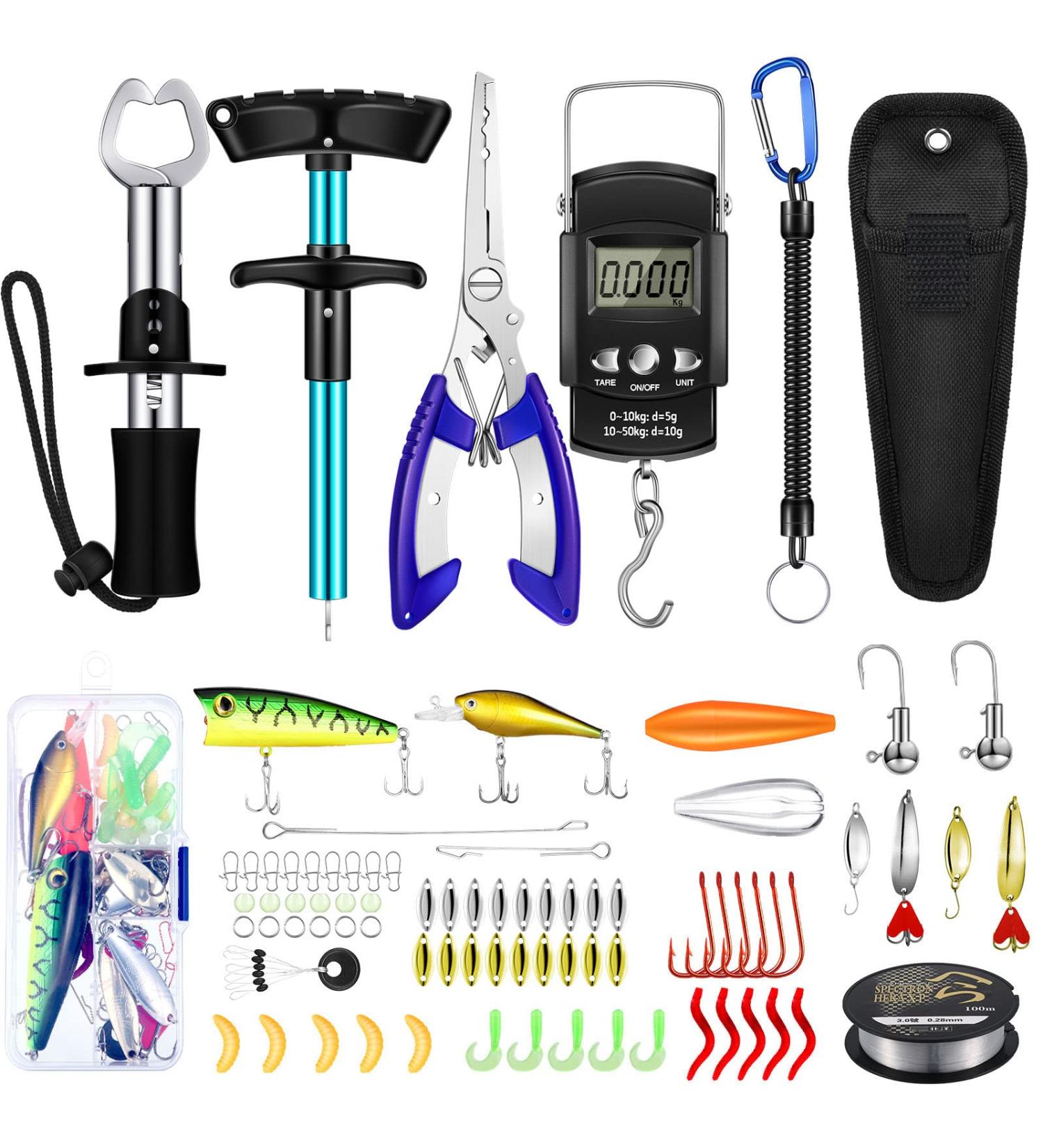 Fishing Tool Kit with Lures, Hooks, Lip Gripper, Digital Scale, Pliers, Sheath, and Lanyard - 134 Pcs, Blue Fresh Style - Buy Online on GoSupps.com