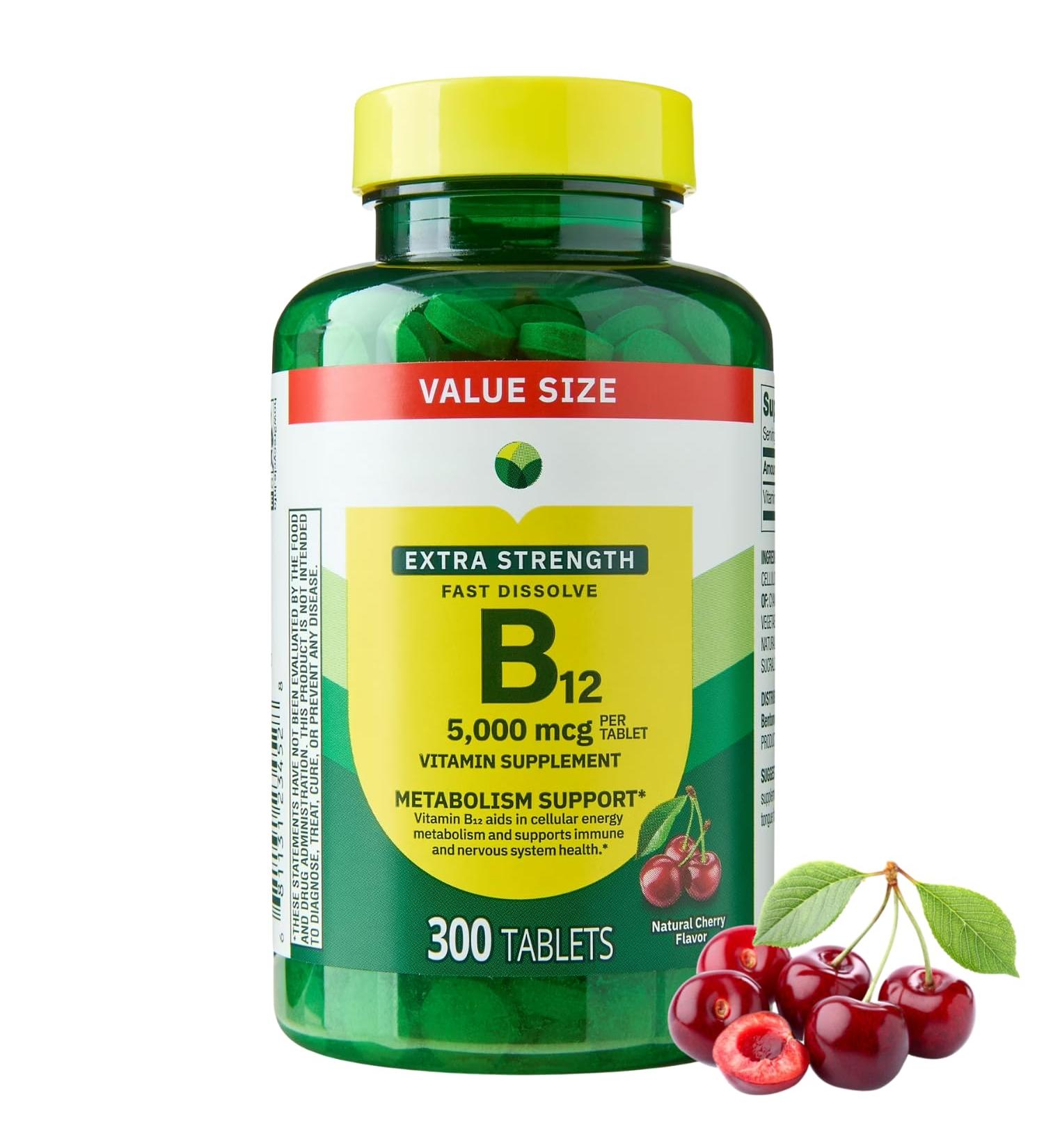 Extra Strength Vitamin B12 Fast-Dissolve Tablets 5 000 mcg - Cherry Flavor 300 Count - Daily B12 Supplement (Pack of 1) - Buy Online on GoSupps.com