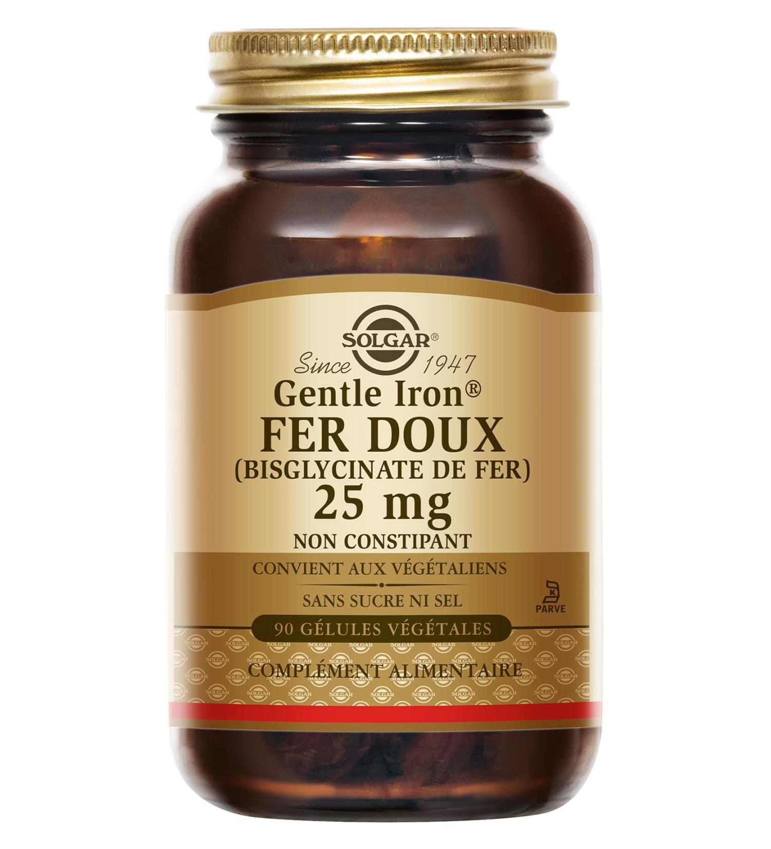 Solgar Gentle Iron Gentle Iron 25mg - Vitality - Highly assimilable iron and optimal tolerance - Non-constipating - Food supplement - Bottle of 90 vegetable capsules - Buy Online on GoSupps.com
