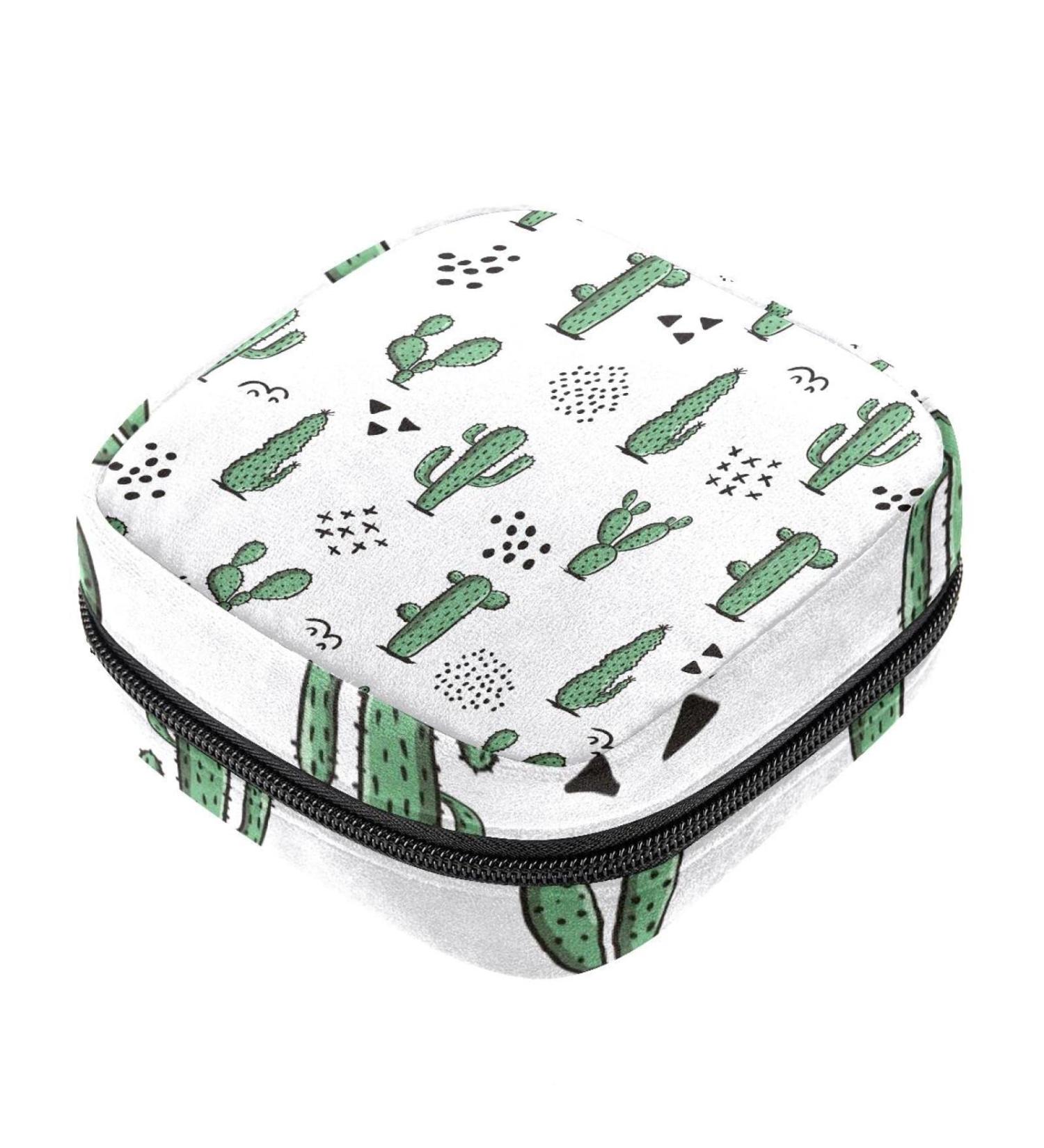 Stylish Menstruation Pad Bag with Zipper - Abstract Geometry & Cactus Design - Ideal Women's Collecting Bag for Menstrual Products - Buy Online on GoSupps.com