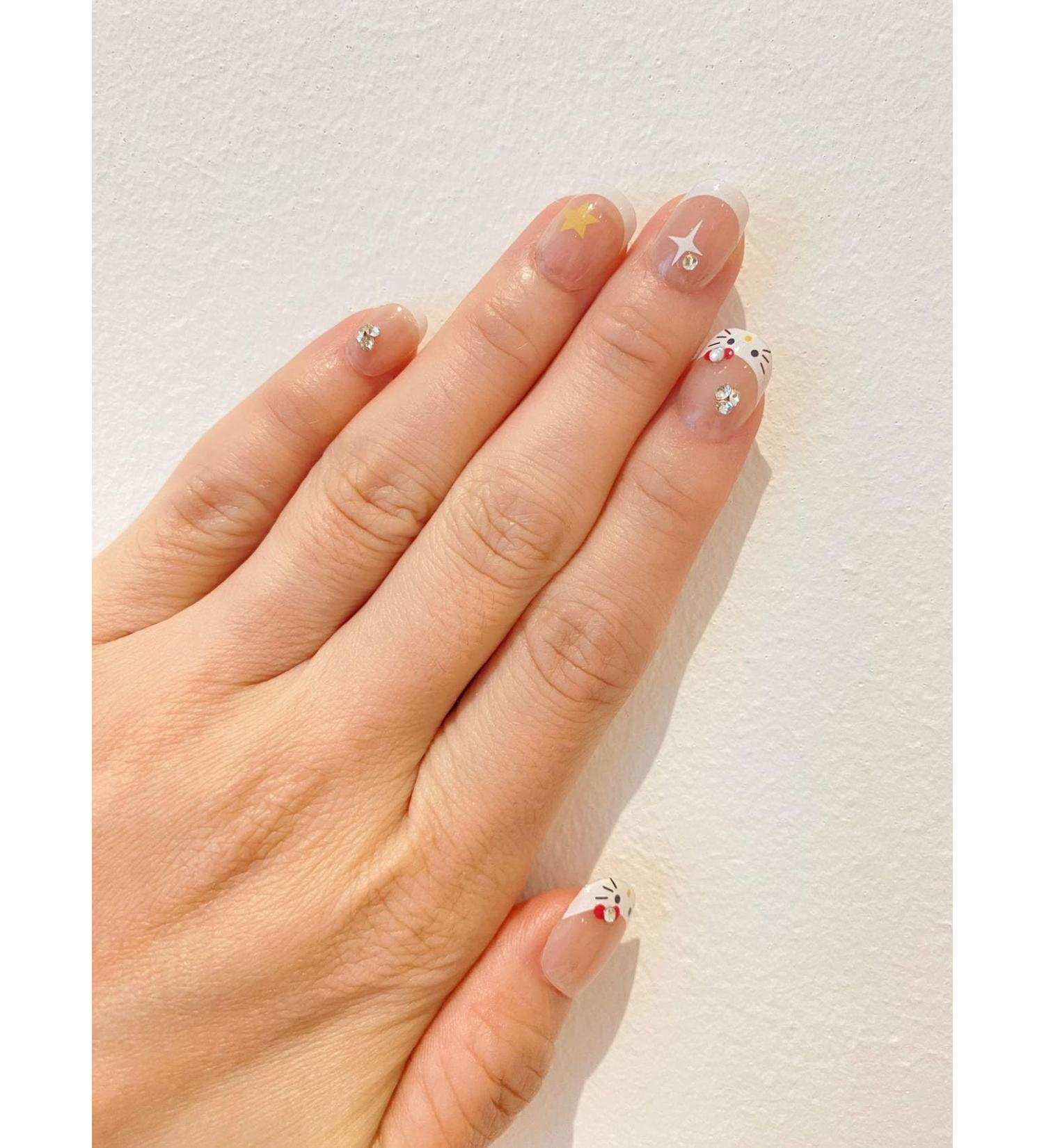Short Squoval Nude French Hello+ + Kitty Cute Diamond Fake Press On Nail Set - Buy Online on GoSupps.com
