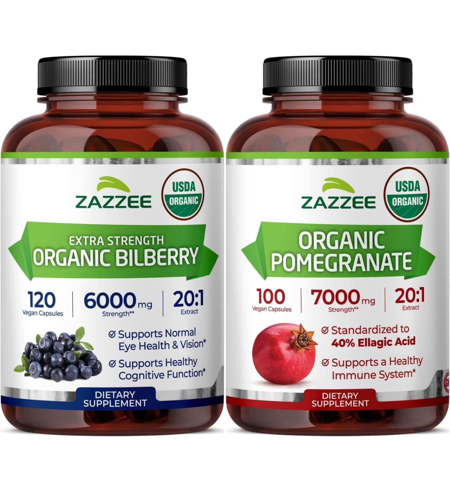 Zazzee USDA Organic Pomegranate and Bilberry Extract Capsules | 20:1 Bilberry Supplement Plus Pomegranate Extract Supplement | Antioxidant Support Bundle - Buy Online on GoSupps.com