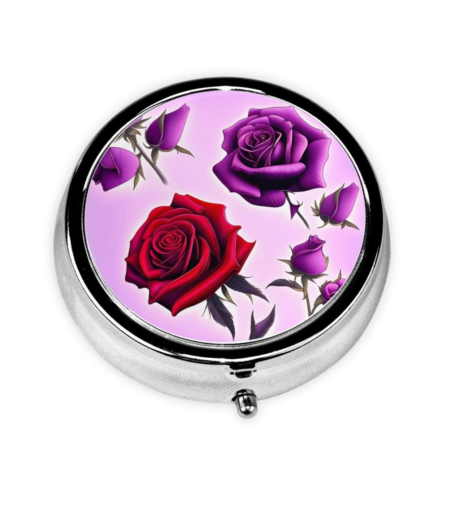Red & Purple Roses Round Pill Box | 3-Compartment Organizer for Travel | Portable Pill Storage for Purse & Pocket - Buy Online on GoSupps.com
