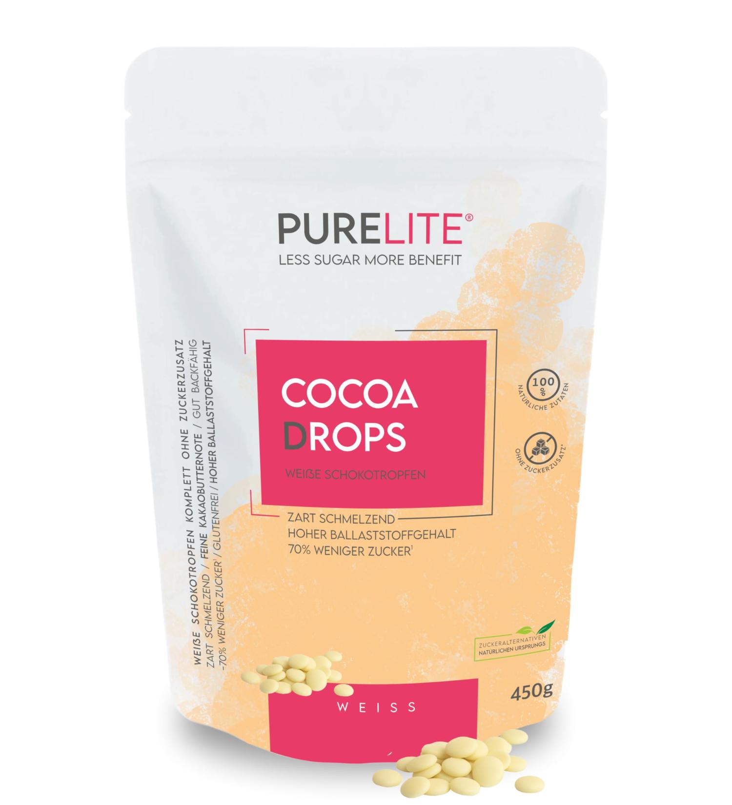 Purelite Cocoa Drops White 450g - Sugar-Reduced White Chocolate Drops with Erythritol & Stevia | No Aftertaste | Perfect for Baking | 70% Less Sugar - Buy Online on GoSupps.com