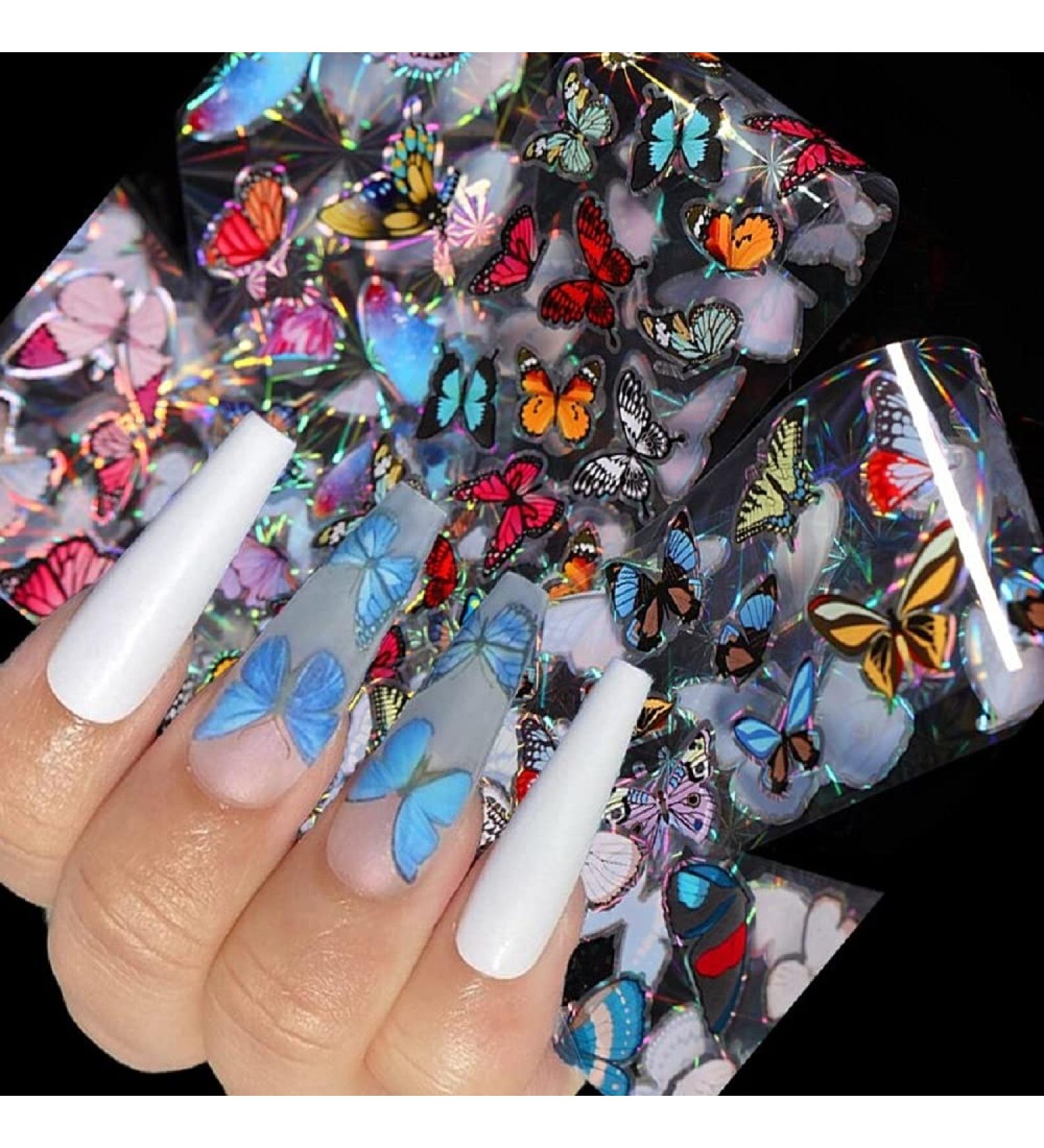 MXXHFC 10 pieces of blue butterfly nail films holographic stickers for nails stabilizer slide transfer paper wraps DIY manicure decoration tips (10 pieces-1) (10 pieces)