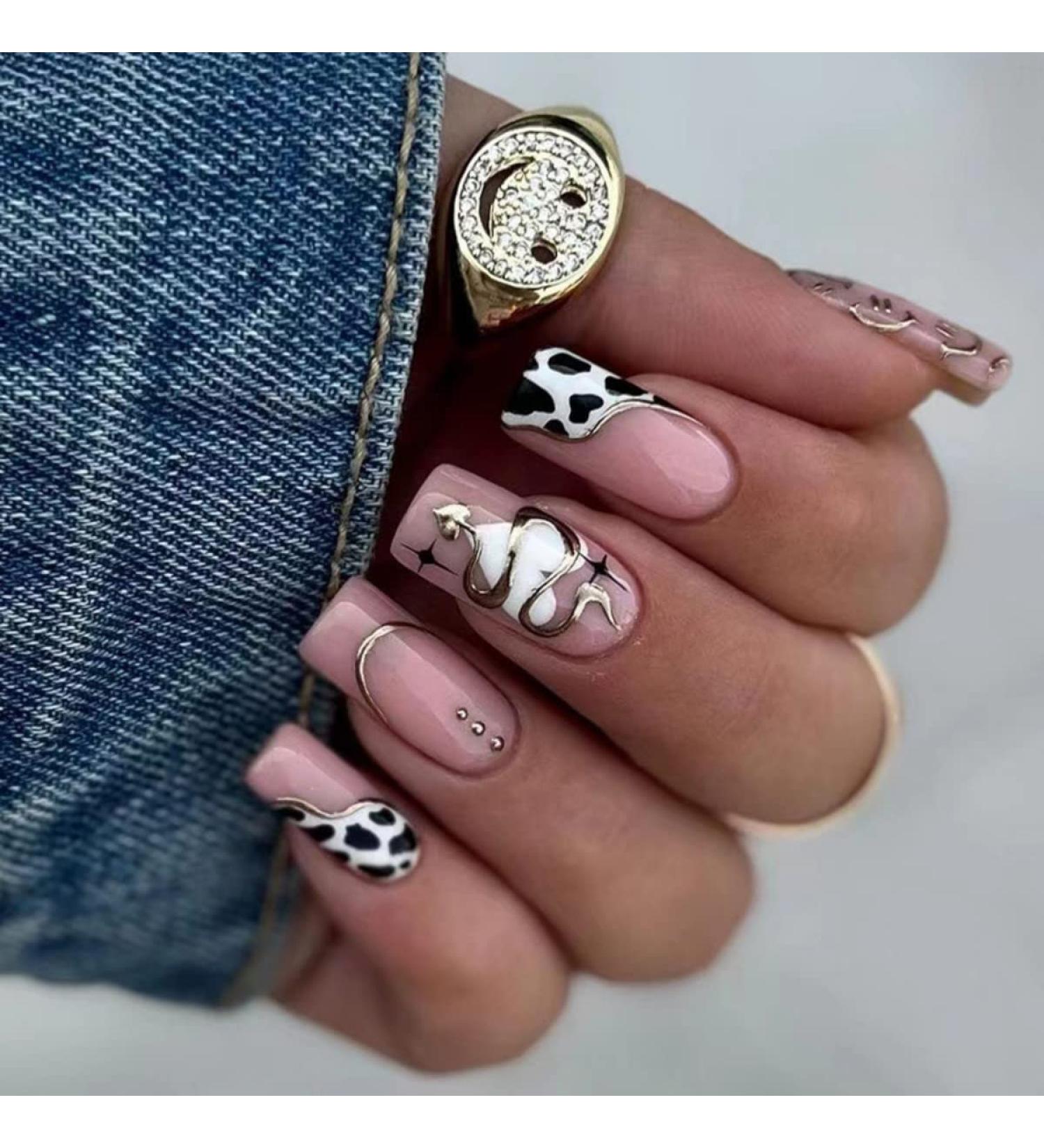 Justotry 24pcs Leopard Fake Nails with Stars Medium - Black French Press, Gold Swirl Ballerina Stick On Nails - Acrylic Coffin Medium False Nails for Women - Nail Art Glue Included - Buy Online on GoSupps.com