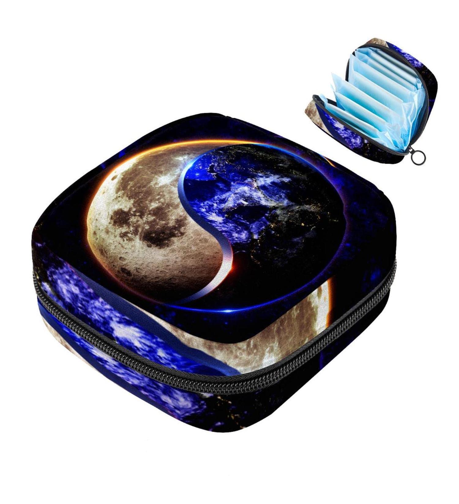 Stylish Menstruation Pad Bag with Zipper | Women's Napkin & Tampon Collection Bags - Space Moon Earth & Yin Yang Designs - Buy Online on GoSupps.com