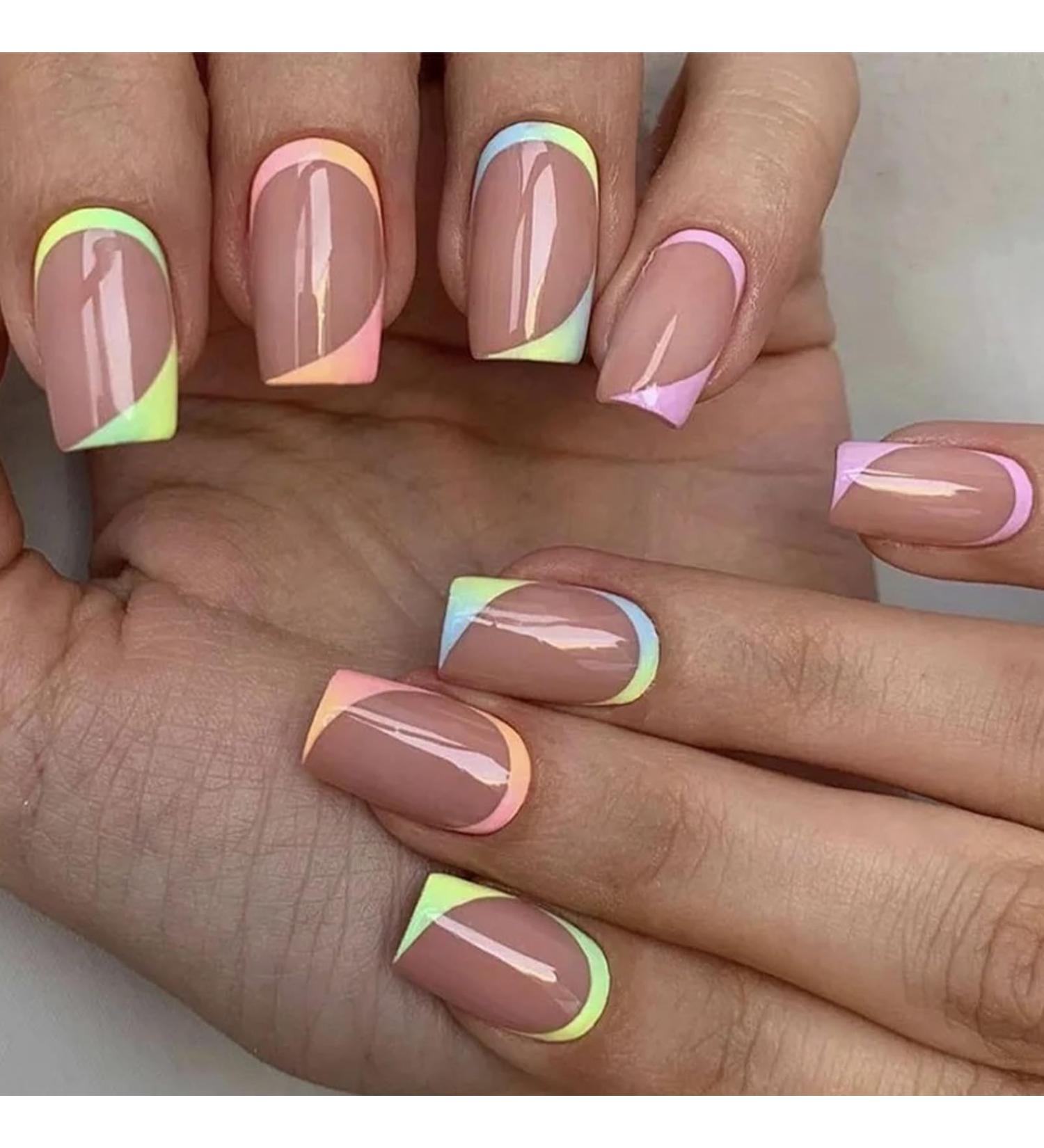 24 Pcs French Short Square False Nails Set - Full Cover Artificial Press on Nails with Glue - Color Gradient Fake Nails for Women and Girls - Buy Online on GoSupps.com