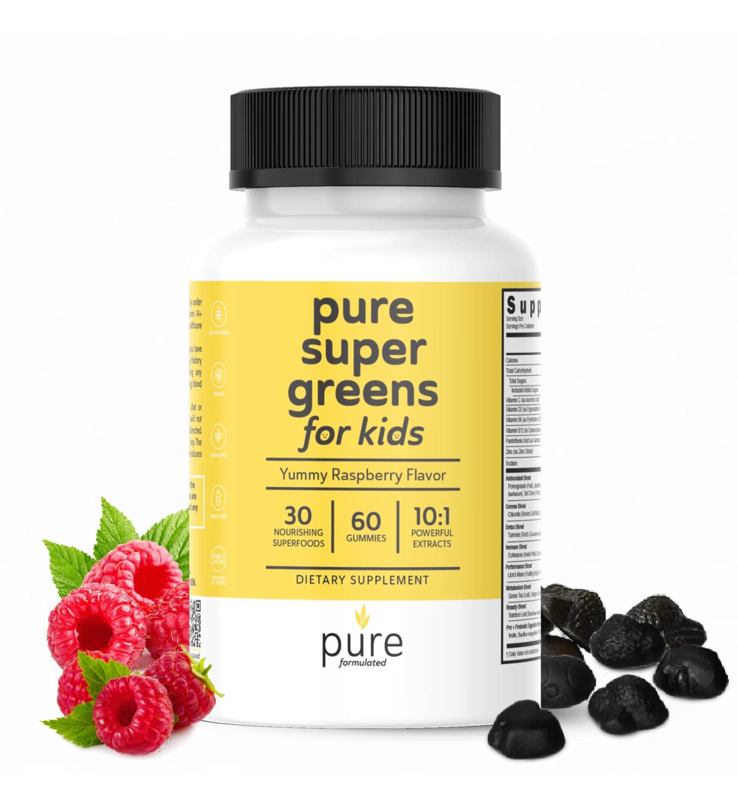 Super Greens Kids Multivitamin Gummies - Digestive & Immune Support, Vegan Chewables with 30 Superfoods, Raspberry Flavor - 60-Day Supply - Buy Online on GoSupps.com