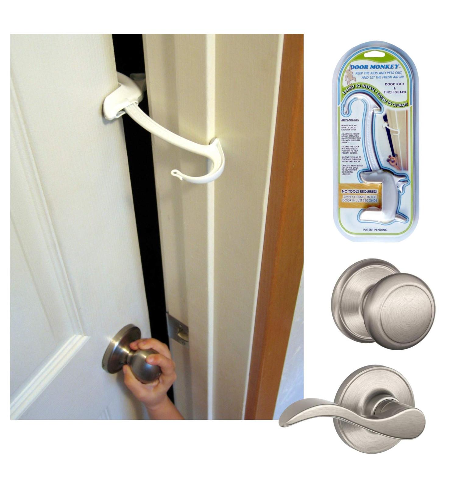 DOOR MONKEY Child Proof Door Lock & Pinch Guard - For Door Knobs & Lever Handles - Easy to Install - No Tools or Tape Required - Baby Safety Door Lock For Kids - Very Portable - Great for Dogs & Cats White - Buy Online on GoSupps.com